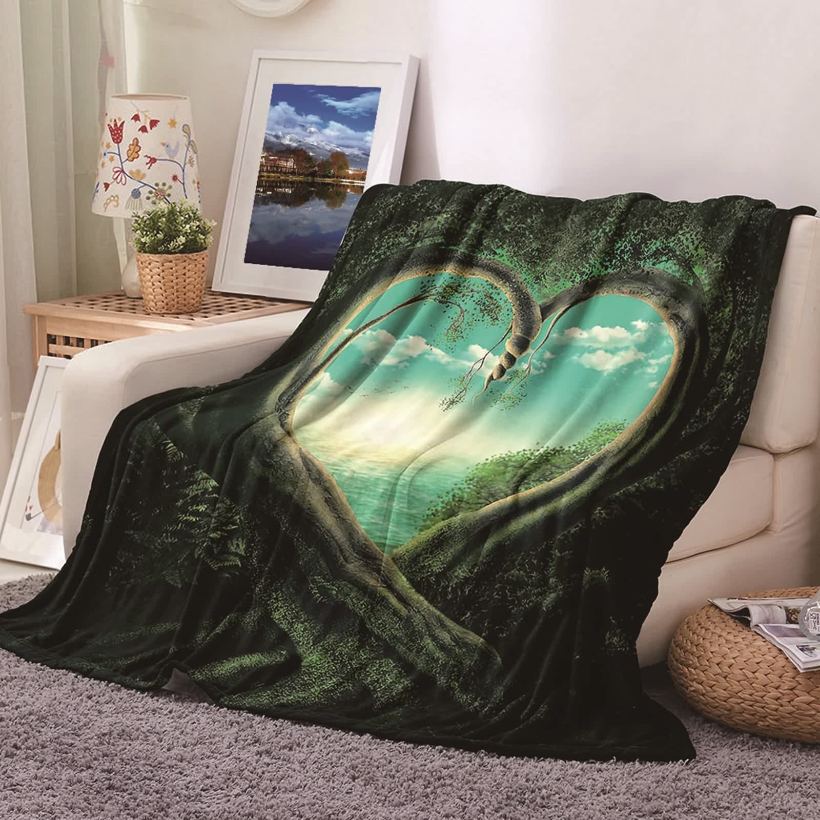Couverture polaire flannel 100x150 motif cœur vert idée cadeau