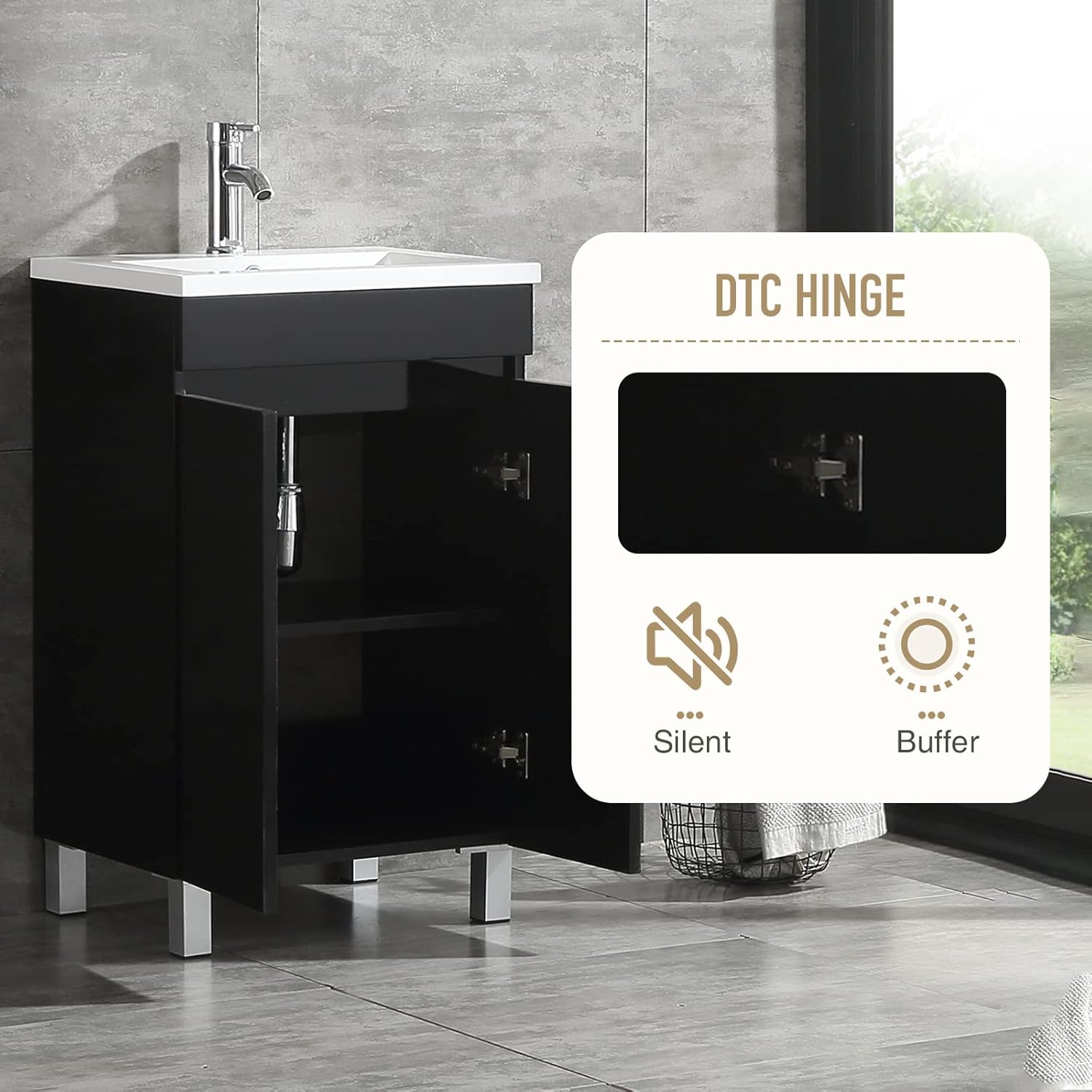 DTC Hinge features for silent and buffered closing