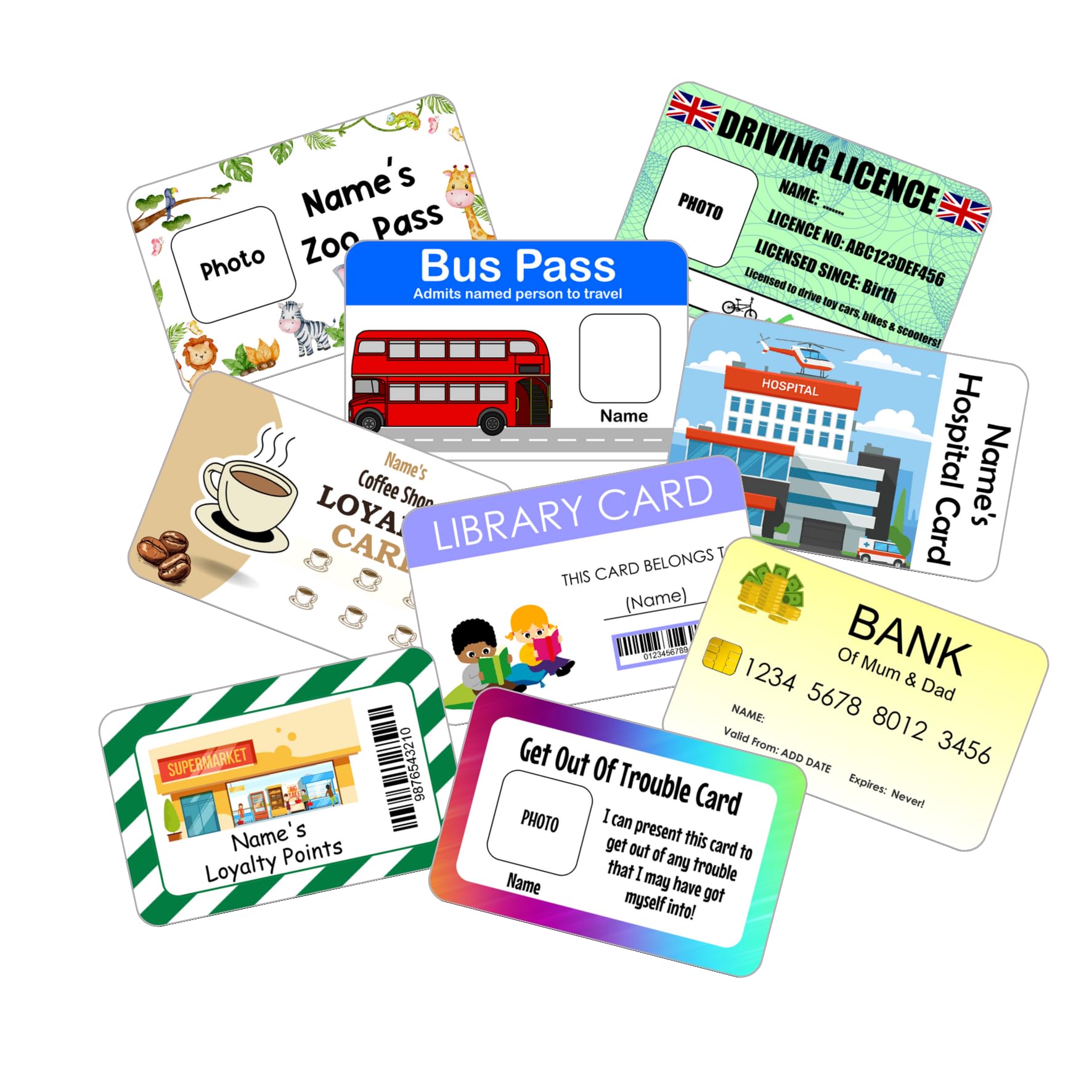 Personalised Pretend Play Card Set - Realistic Pretend Play Wallet Purse Cards - Fake Cards for Childrens Roleplay - Pretend Driving Licence - Pretend Bank Card - Play Membership Cards
