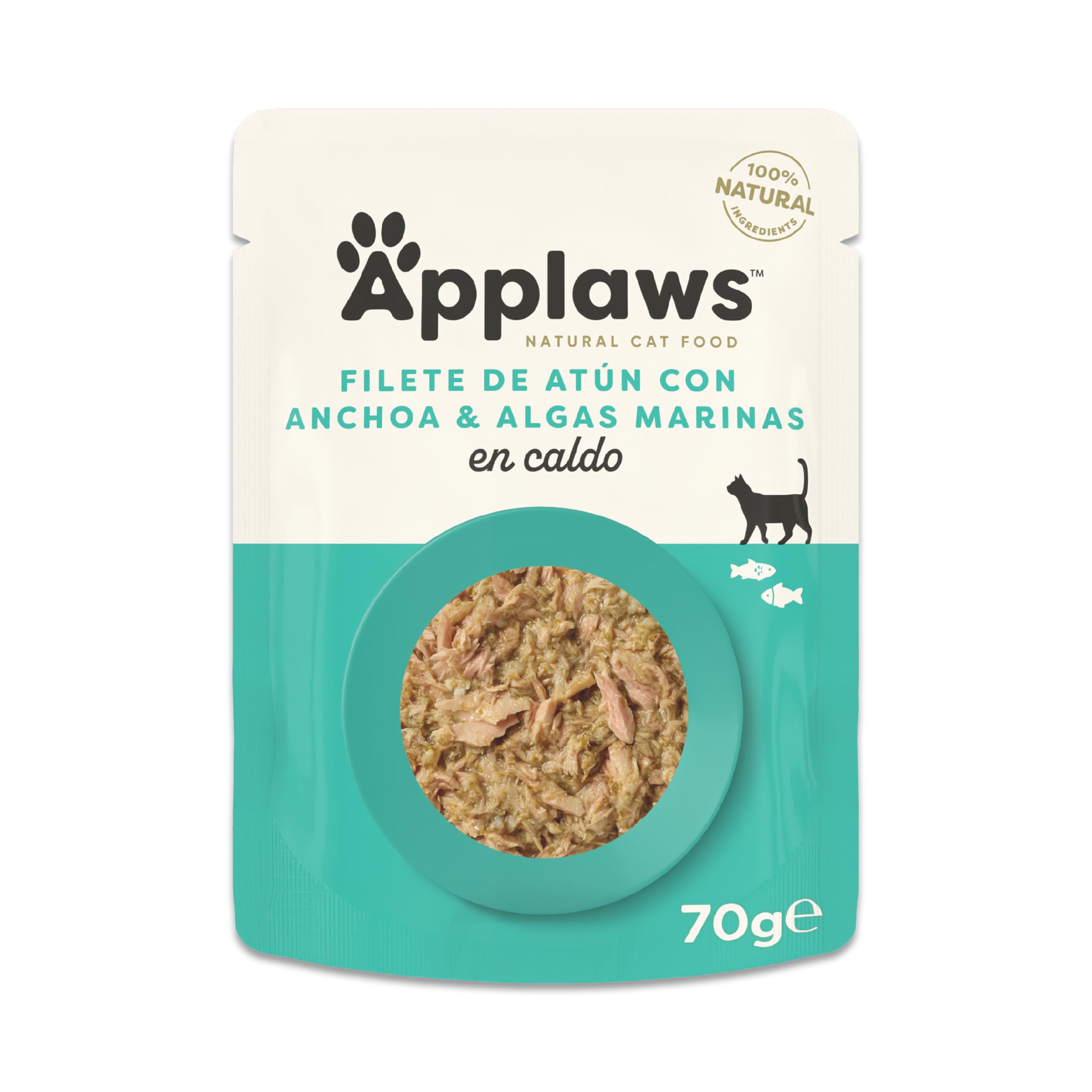 Applaws Comida Húmeda para Gatos 100% Natural con Filete de Atún y Anchoas en Caldo para Gatos Adultos - 12 Sachets de 70g