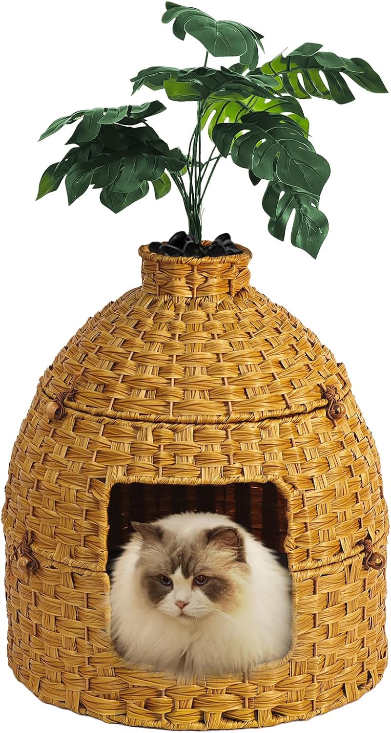 Cat Hidden Litter Box Enclosure Furniture with Artificial Plants,Handwoven Rattan with Cat Litter Box and Real Stones,in Living Room, Bedroom, Corner?Natural?