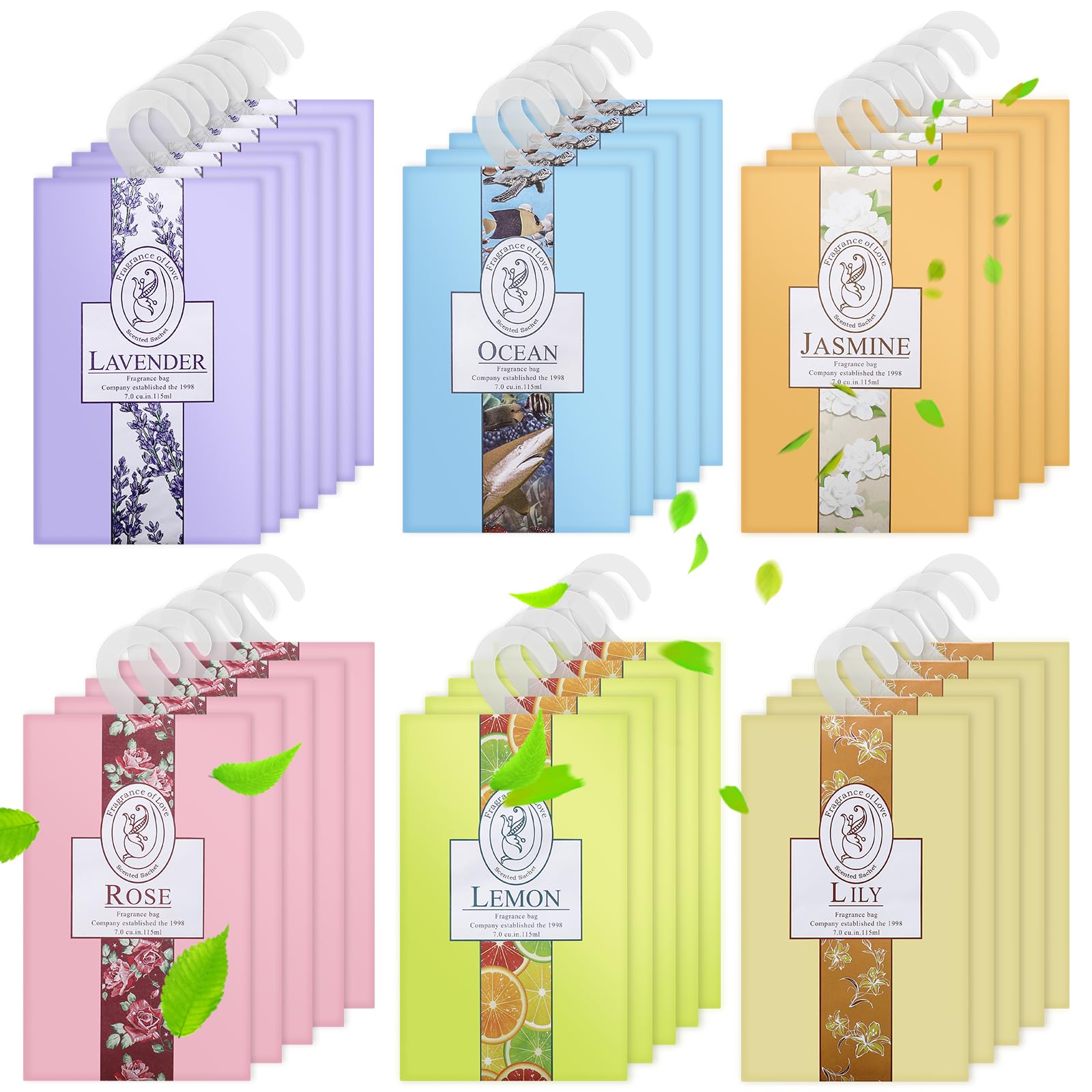 32 Pcs Wardrobe Fresheners with Hanging Sachets, Drawer Freshener Containing 6 Different Natural Fragrances, Scented Sachets for Wardrobes, Cars, and Drawers