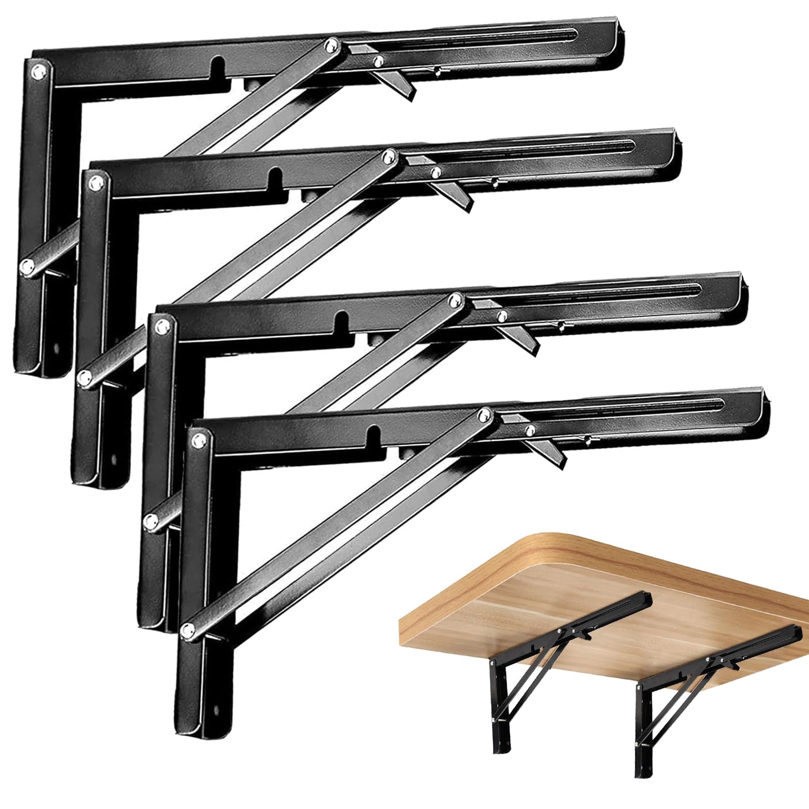 ZOENHOU 4PCS 14 Inch Folding Shelf Brackets, Max Load 440Lb Heavy Duty Metal Collapsible Shelf Locking Brackets, Wall Mounted Foldable Shelf Hinge for Work Bench Table