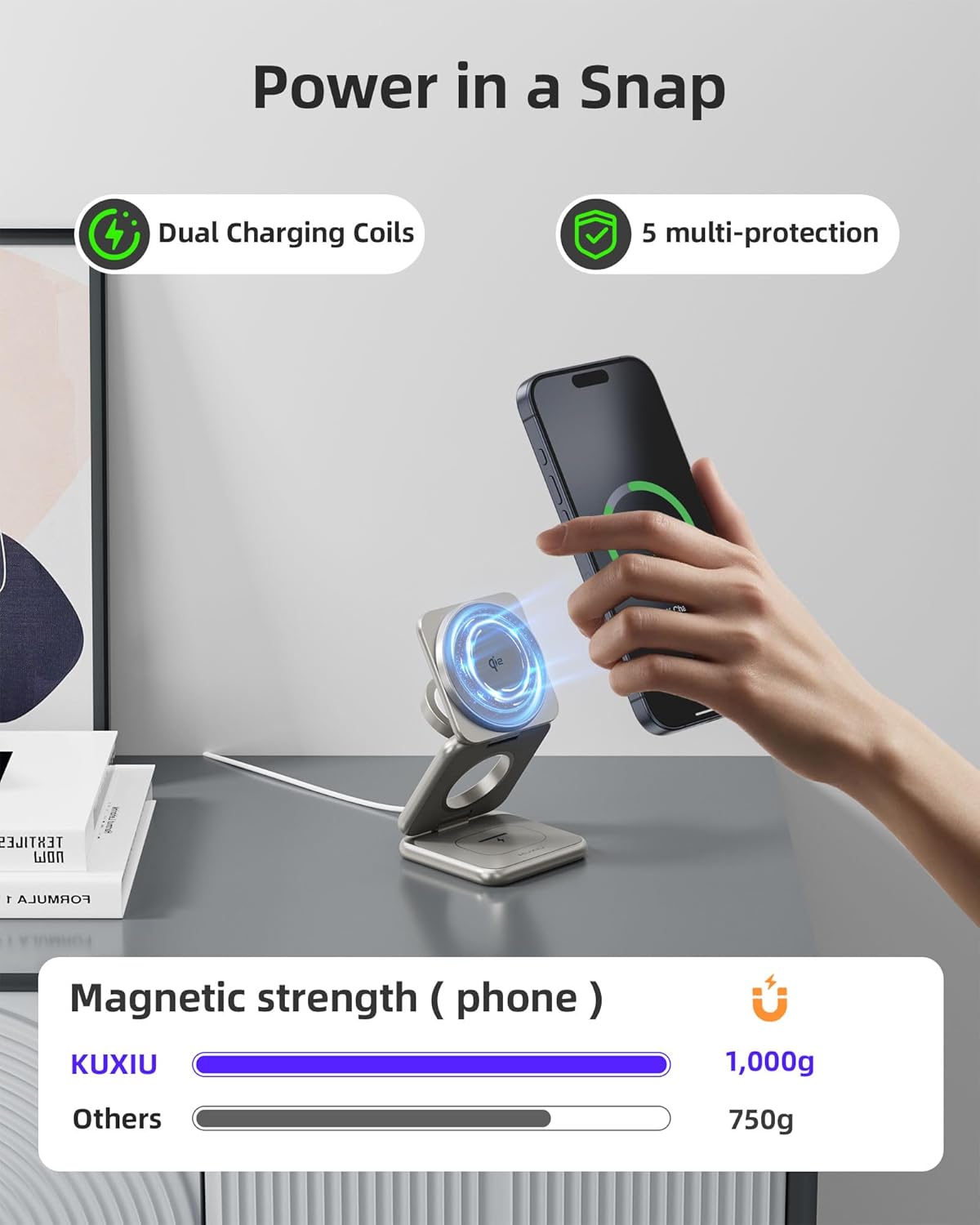 Qi2-Certified 15W Magnetic Foldable Charger, KU XIU X40Q 3 in 1 Wireless Charging Station for Apple, Aluminum Alloy Travel Charger Stand for iPhone 17/16, 5W for Apple Watch, AirPods, Natural Titanium