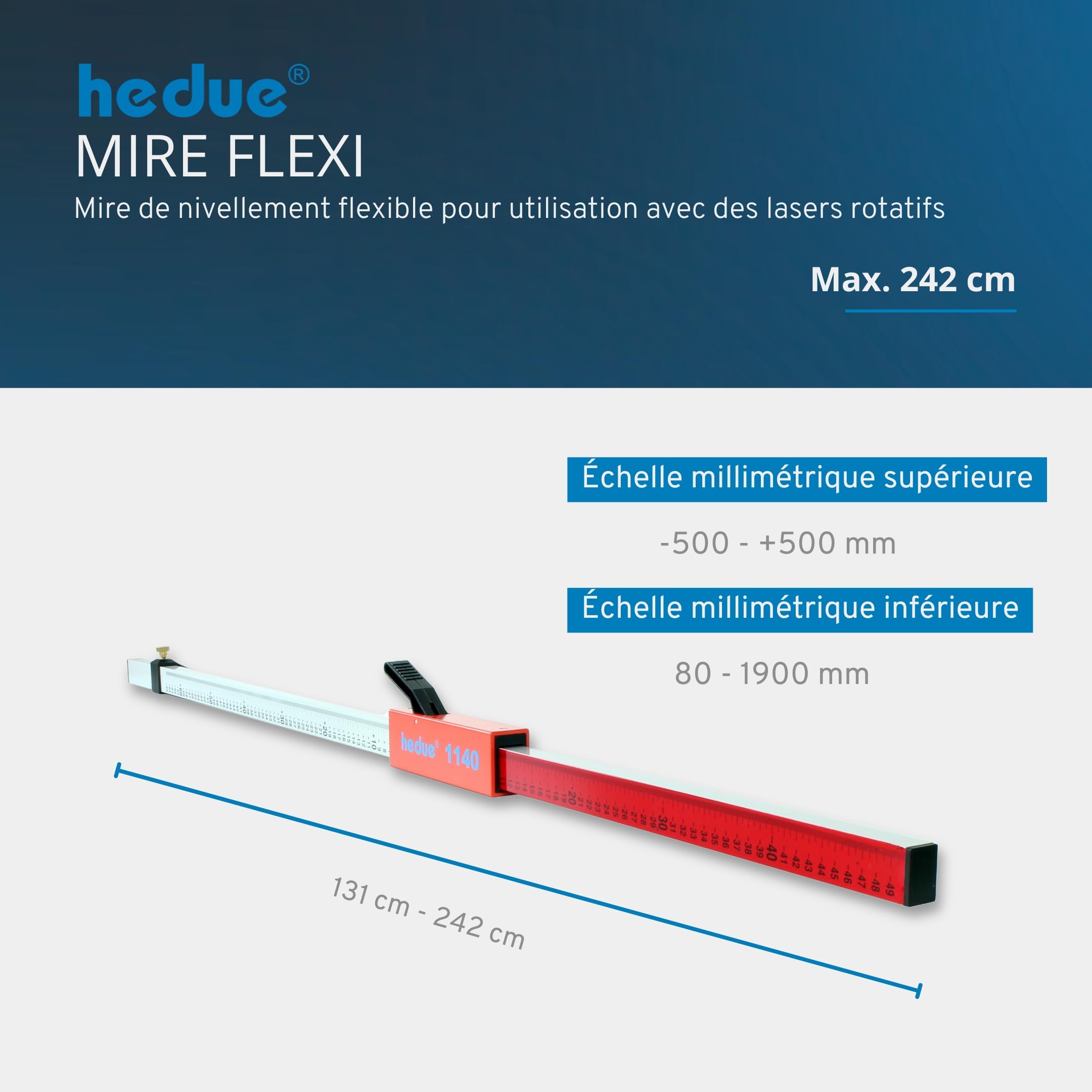 Mire télescopique Flexi – Mire de nivellement pour laser rotatif avec support récepteur, règle aluminium anodisé 1,31–2,42 m