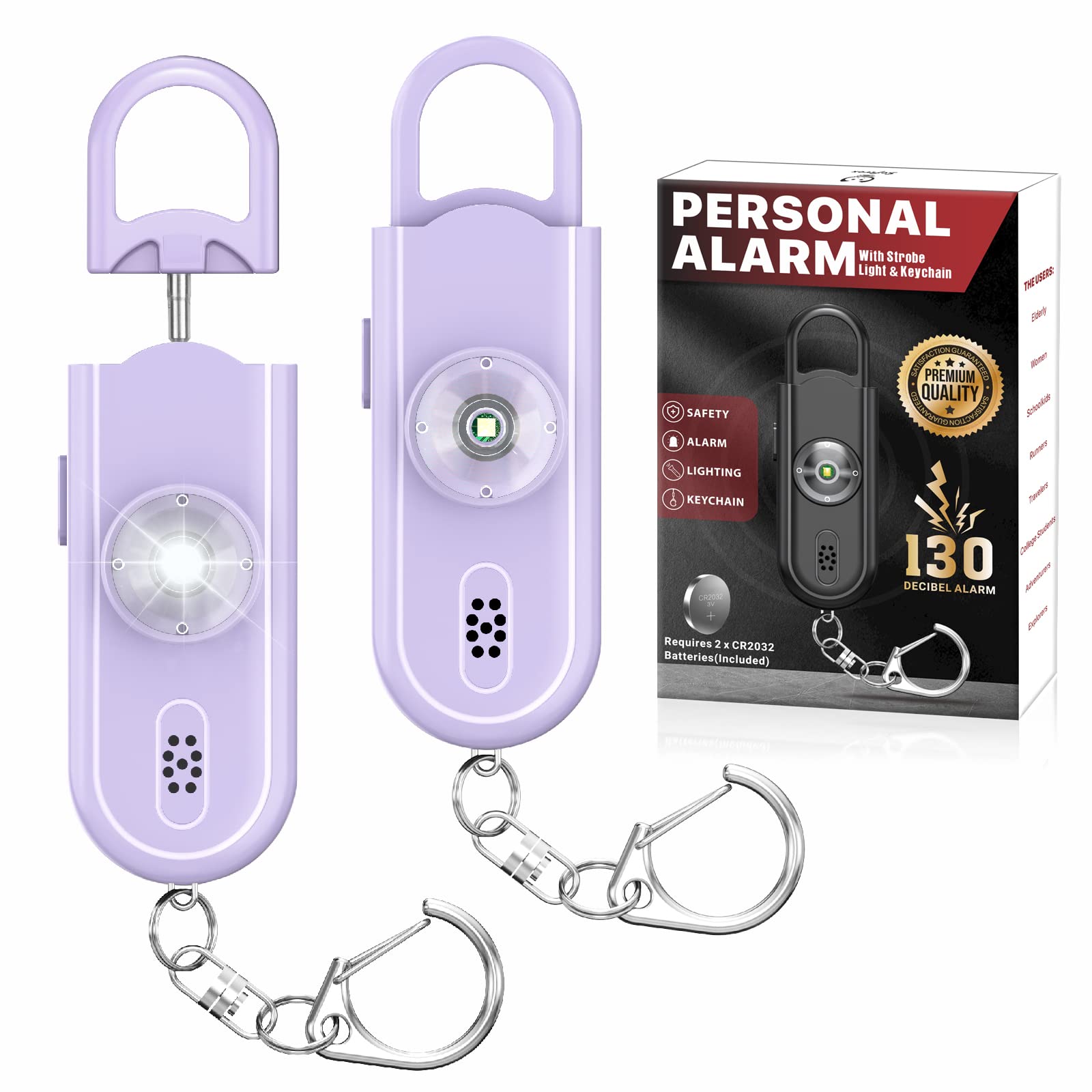 Llavero de alarma de seguridad personal para mujer, 2 unidades, sirena fuerte de 130 dB con luz estroboscópica SOS, linterna, altavoces dobles, llavero de defensa de seguridad para niñas,