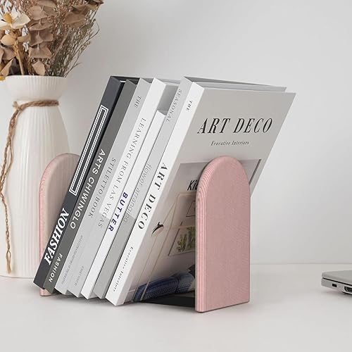 Miniatura 6 de Book Ends for Shelves 1 Pair - Retro Gold Pink Pinstripe Print Wood with Metal Base Bookends for Heavy Books, Book Stand Organizer Holder for Books
