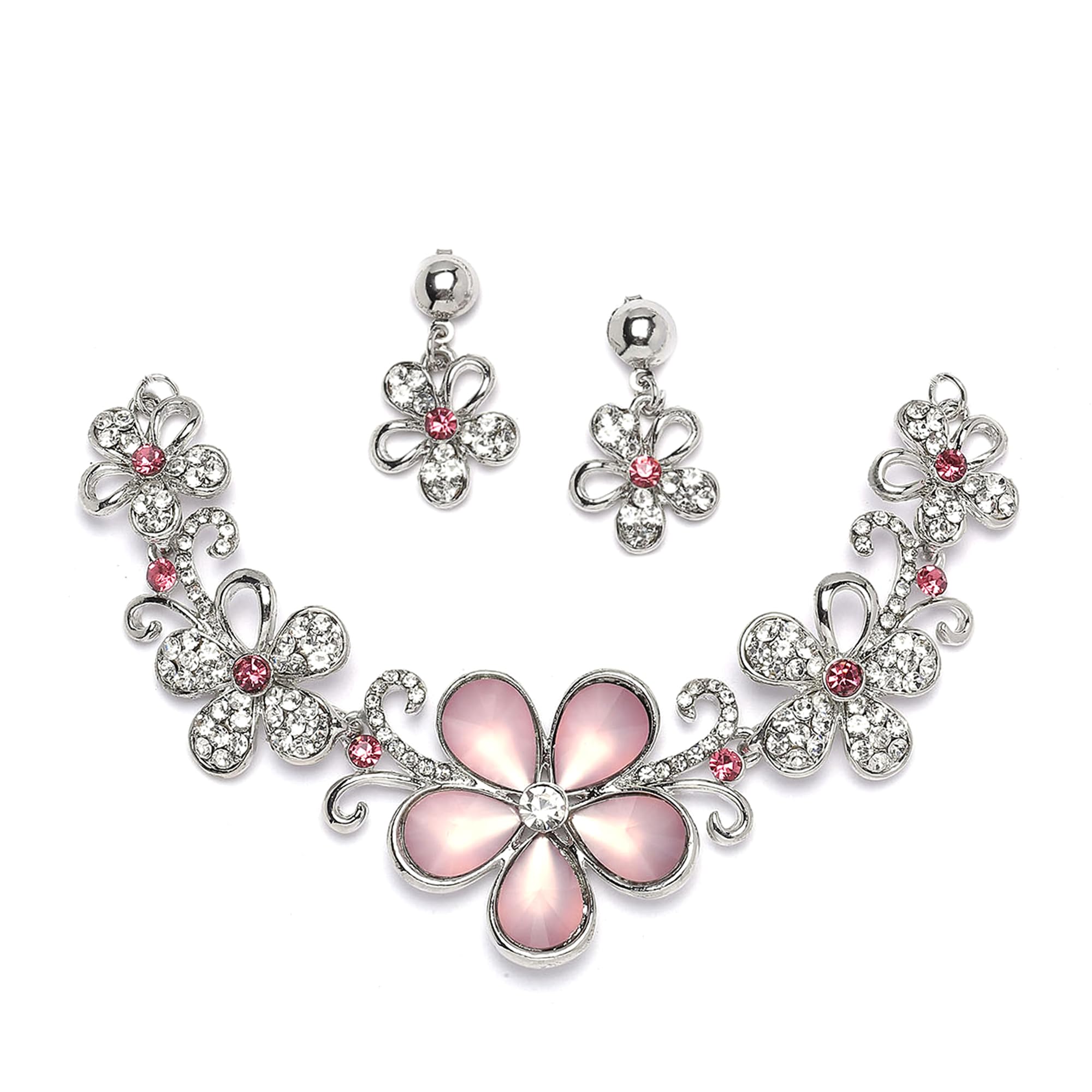 ZENEME Rhodium-Plated American Diamonds Studded Floweret Necklace With Earrings Jewellery Set For Girls and Women (Pink-Silver) (B0CGTYLFV5) Amazon Price History, Amazon Price Tracker