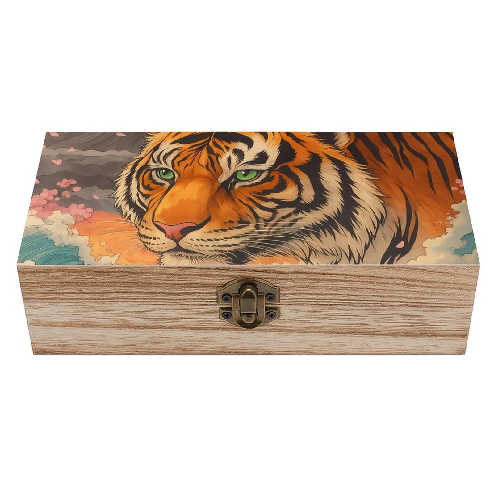 Oudrspo Pretty Tiger in Wave, Fujisan Retro Wooden Storage Box Keepsake Jewelry Decorative Art Storages Box Gift Boxs