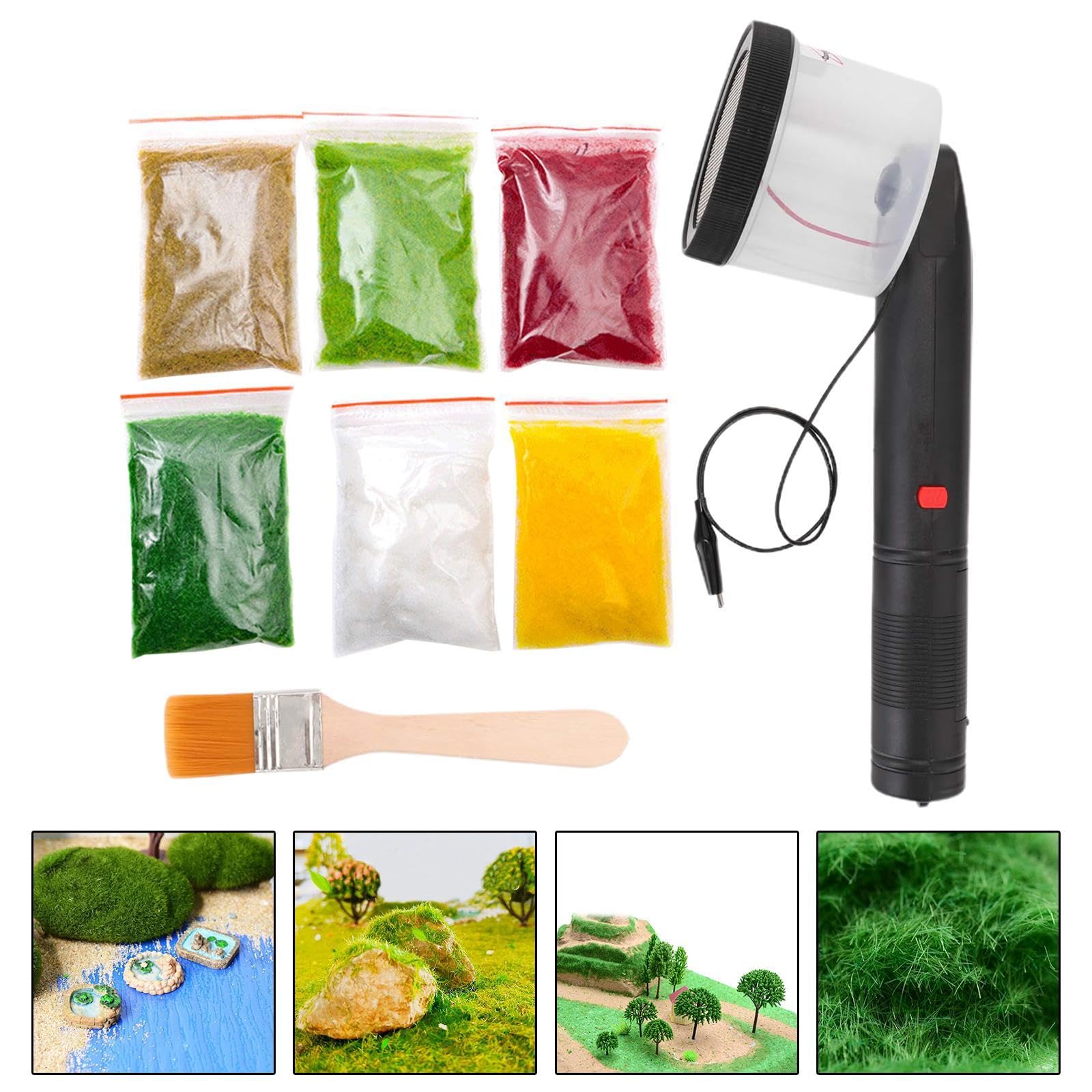 Gralara Máquina de Césped Estático Portátil para Maquetas Y Escenarios Dispositivo Manual Electroestático Herramienta para Fibras Accesorio PP Arena, 6 Bolsas de Hierba en Polvo