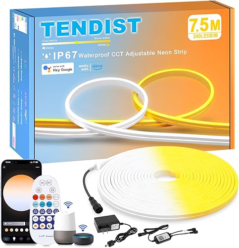 Cuerda de luz de neón blanca de 25 pies, tira LED de neón compatible con Alexa, blanco frío y cálido, ajustable, luz de neón inteligente impermeable
