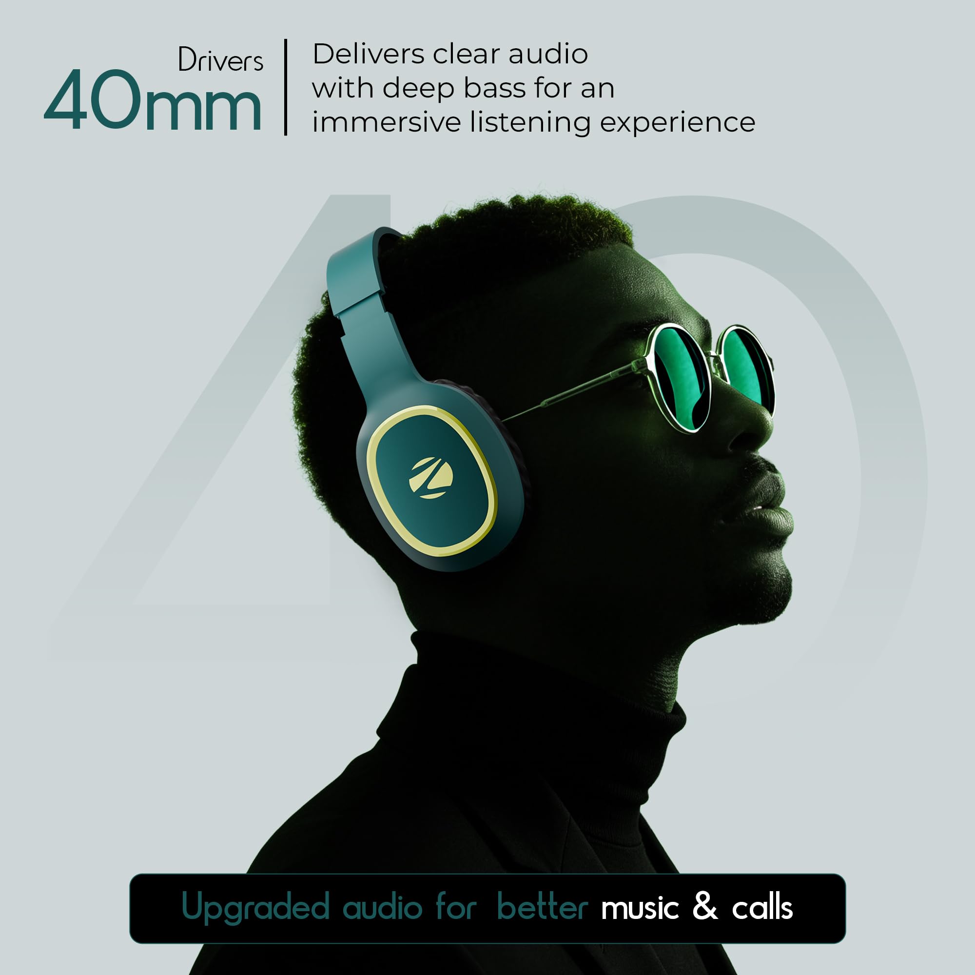 Zebronics Thunder (2026 Upgrade) Wireless Headphones, BT v6.0, True 60 hrs Playback, 40mm Drivers, ENC, Gaming Mode, Dual Pairing, AUX & microSD, Rapid Charging, Call Function (Teal Green) — Amazon image 2