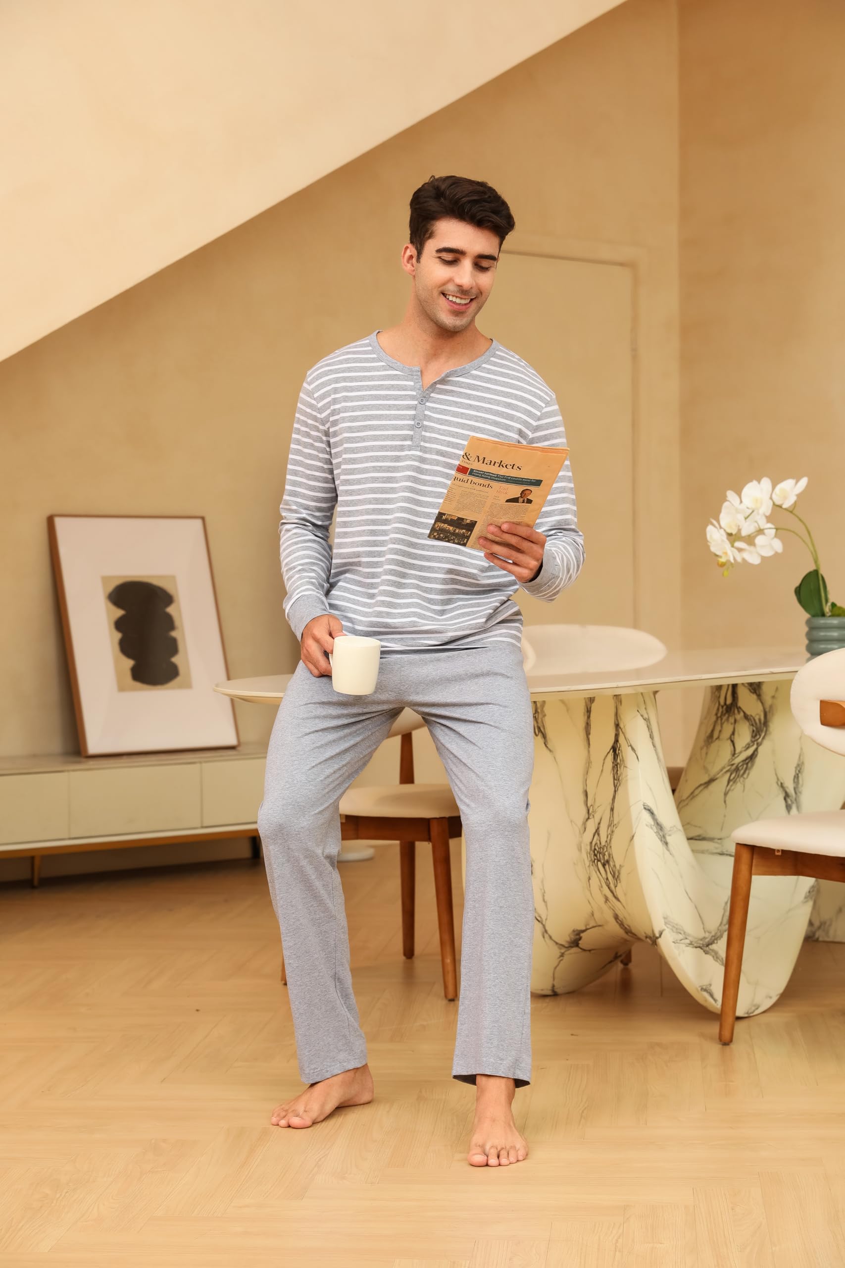 Pyjama 2 pièces pour Homme - Long Pyjama en Coton - Ensemble de vêtements de Nuit d'hiver à Manches Longues avec boutonnière, col en V et Design à Rayures