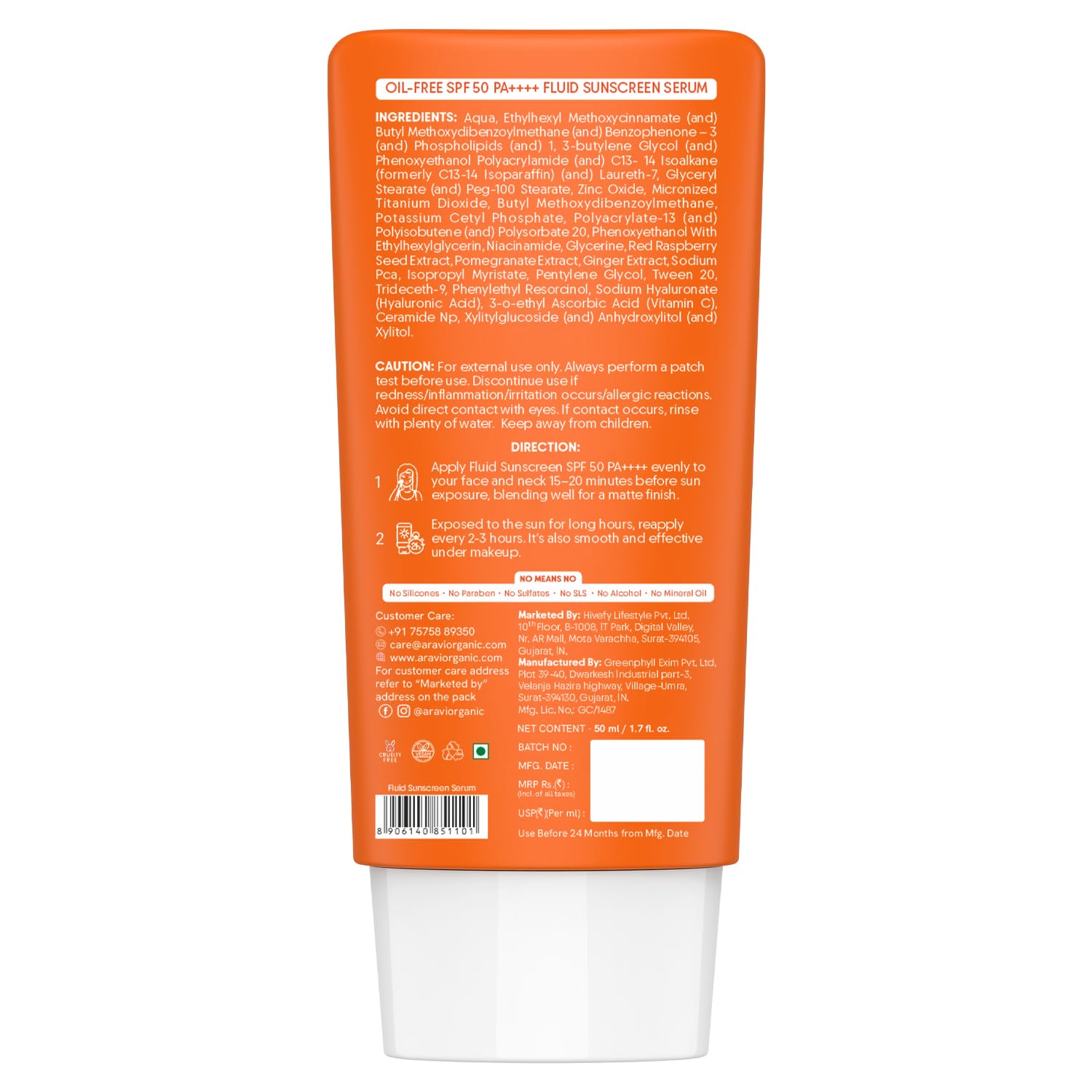 Aravi Organic Oil-Free Fluid Sunscreen Serum SPF 50++++ with Hyaluronic Acid, Vitamin C, Niacinamide & Ceramides | Lightweight, Non-Greasy, Chemical-Free | Protects from Sunburn & Tanning | 50ml