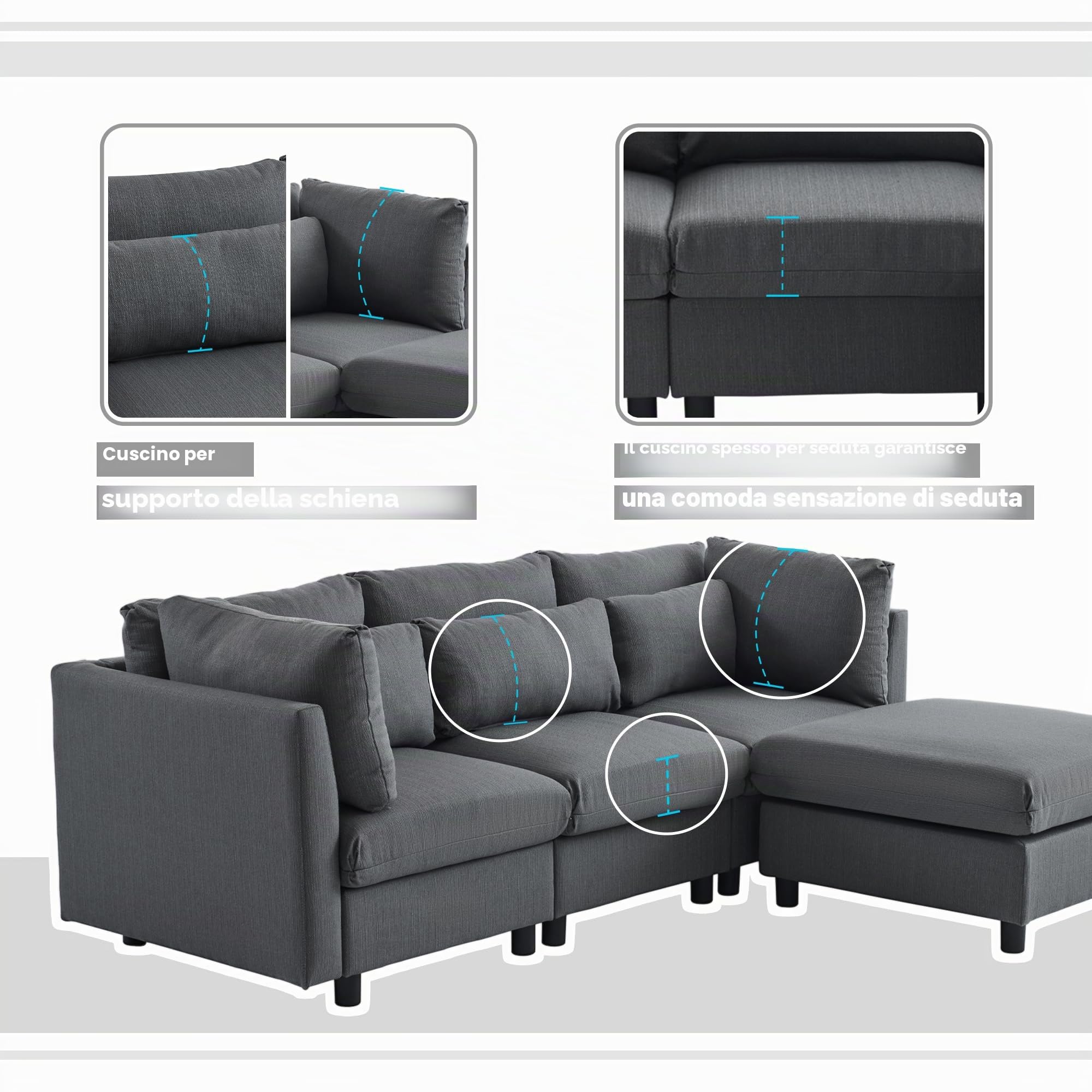 Soweiz Design moderno, divano a tre posti con poggiapiedi, divano ad angolo a forma di L, 220 x 83 x 81 cm (grigio)