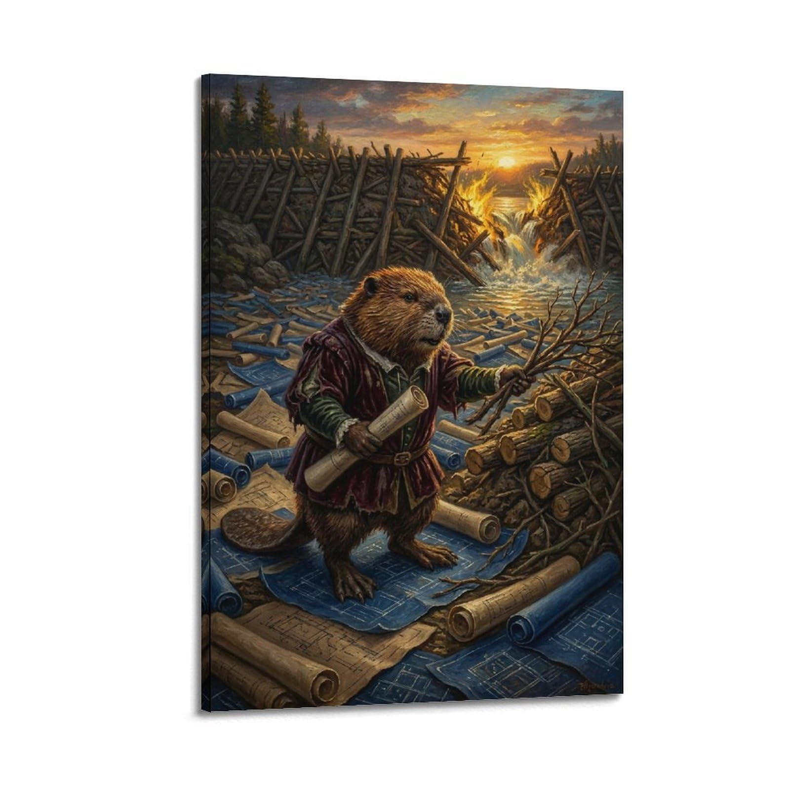 XKUGA Surreal Vintage Animal Poster Beaver Endless Repair Satire Modern Decorative Canvas Prints - Ideal Wall Art for Family, Man Cave, Game Room, Boys & Girls Bedroom 24x36inch(60x90cm)