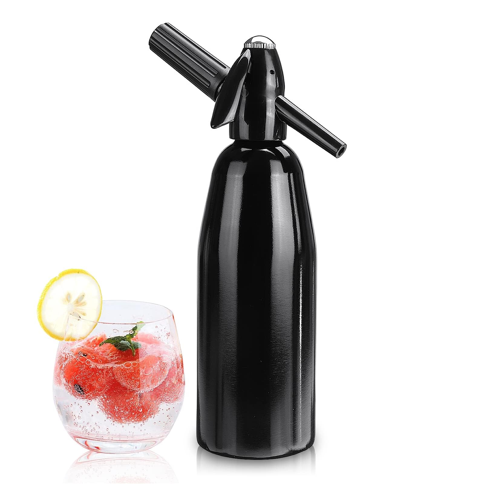 Sparkling Water Maker, 1L Soda Siphon, Aluminum Soda Makers for Home, Portable Water Maker for Soda Water, Cocktails or Soda Water, Use 8 gram CO2 Cartridges(Not Included) (Black)