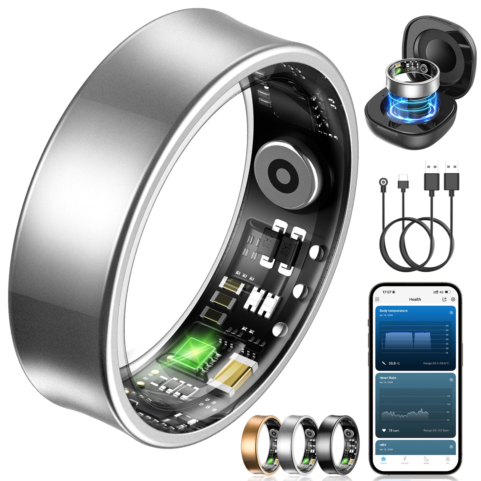 NAIXUES Smart Ring Uomo Donna, Anello Smart Fitness con Controllo Gestuale/Frequenza Cardiaca(HRV)/SpO2/Sonno/170+ Modalità Sport Impermeabil 5ATM, Smartwatch per Android e iOS, Misura 10, Argento