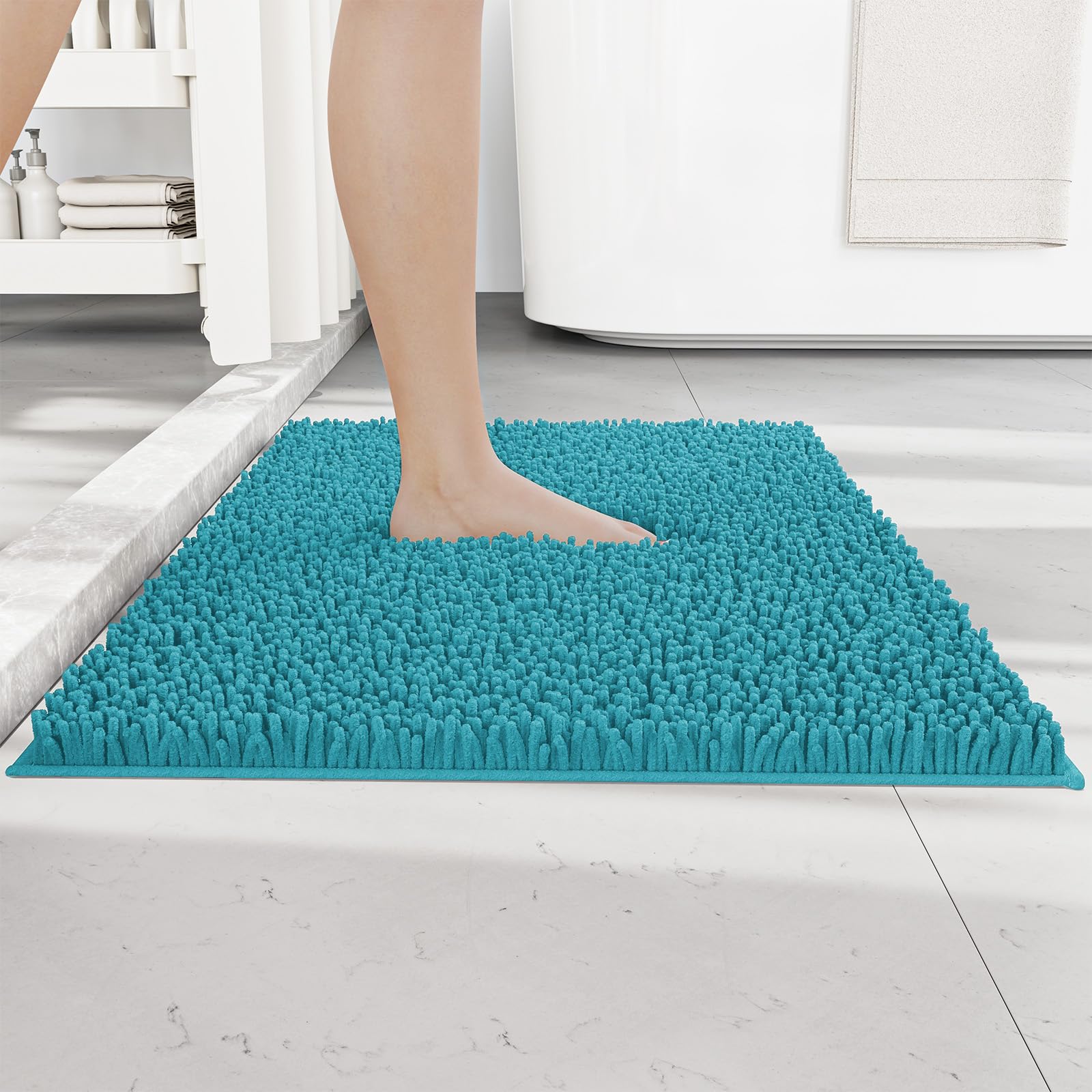 RUN HELIX Chenille Badematte rutschfest - Super Saugfähige und Maschinenwaschbar Badezimmerteppich - Ideal Badteppich für Badezimmer, Toilette und Innenräume - 50x80 cm, Seeblau