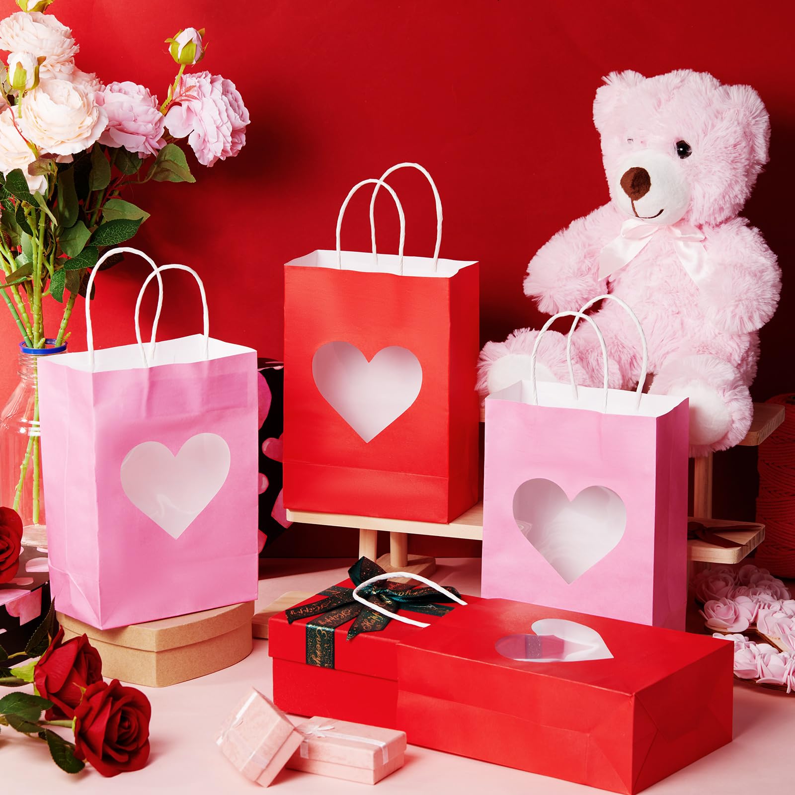 Gilprop 24 Pcs Red Pink Paper Gift Bags with Heart Clear Window & Handles, Treat Bags Bulk for Mother's Day, Galentines Party, Wedding Favor, Bridal Shower Packaging for Candy Cookies (Red Pink)