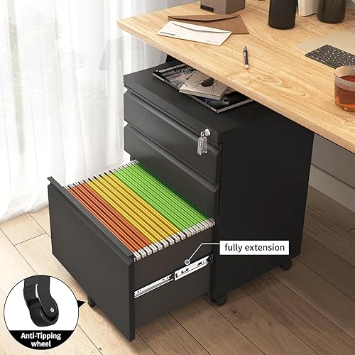 Miniatura 5 de Archivador móvil con 3 cajones, archivador rodante con cerradura, archivador debajo del escritorio con cajón tamaño legalcarta, totalmente montado