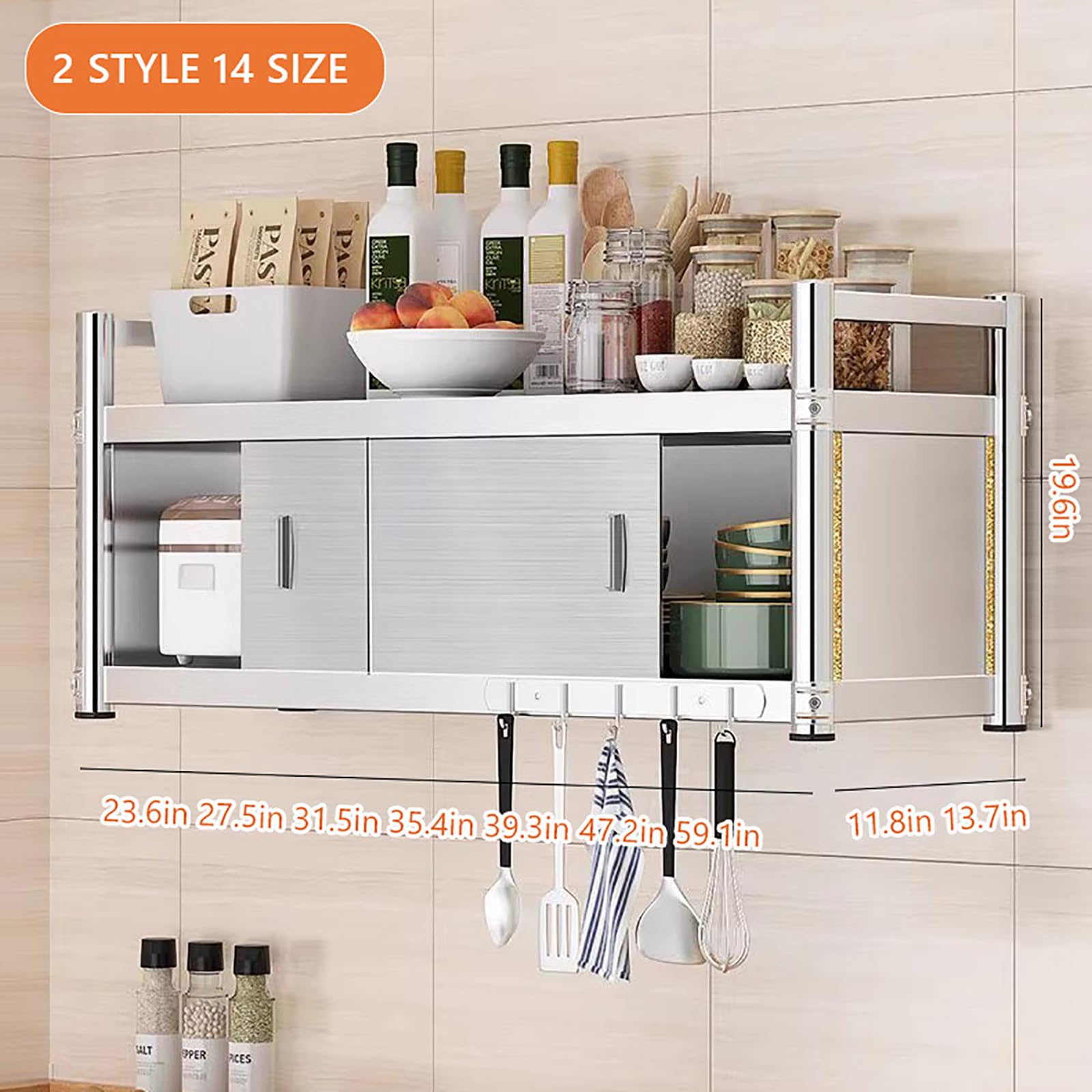 Inless - Armadietto da cucina a parete in acciaio con ante scorrevoli, a 2 ripiani, salvaspazio, per bagno e gas, 80 cm di larghezza x 34,8 cm di profondità x 49,8 cm di altezza