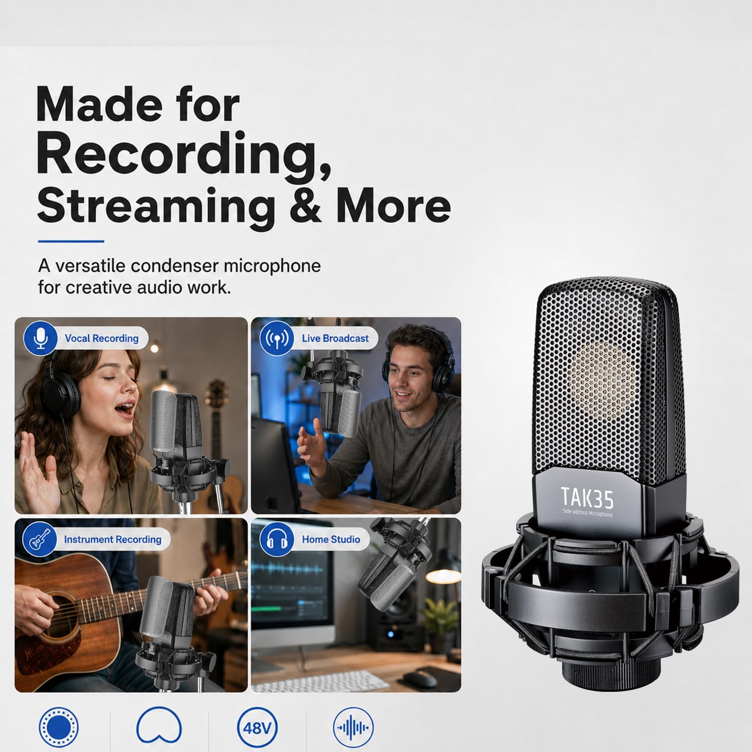 Takstar Micrófono de condensador XLR, micrófono profesional de grabación de estudio con soporte de choque para transmisiones, podcasting, video, transmisión, YouTube, grabación de instrumentos vocales