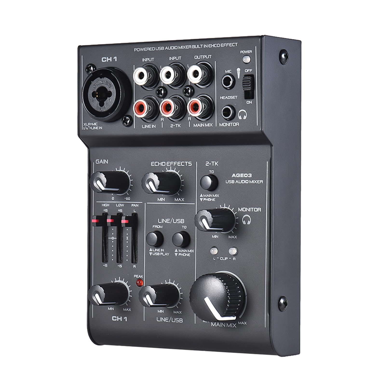 AGE03 5-Kanal Mini Mic-Line Mischpult USB Audio Interface Mixer mit eingebautem Echo-Effekt USB Verstärktes DJ Netzwerk für Aufnahme Live Streaming Karaoke