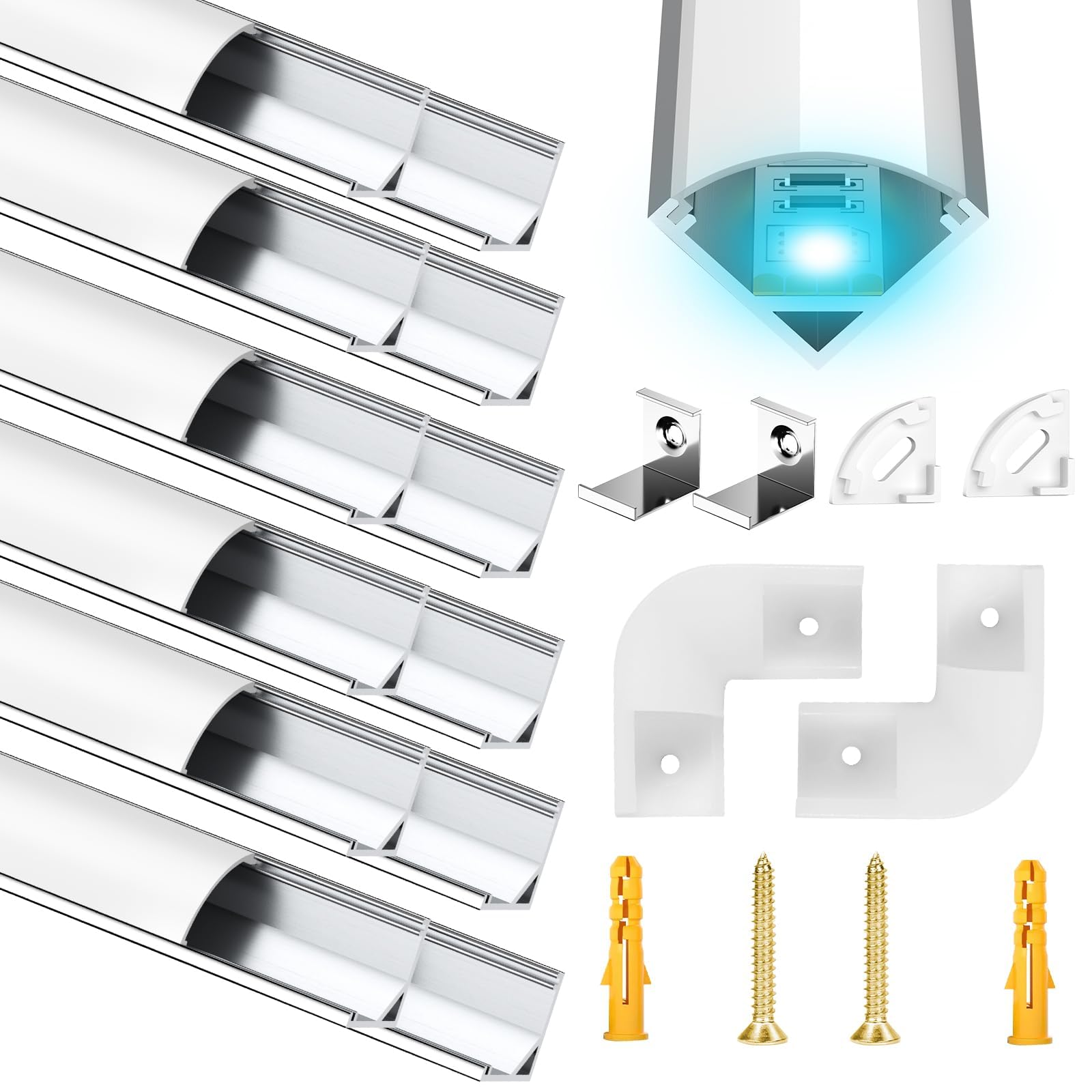 Profilo LED in alluminio, 12x1 m, canali LED a forma di V, per strisce LED fino a 12 mm, diffusori LED con tappi terminali, clip di montaggio e connettori angolari