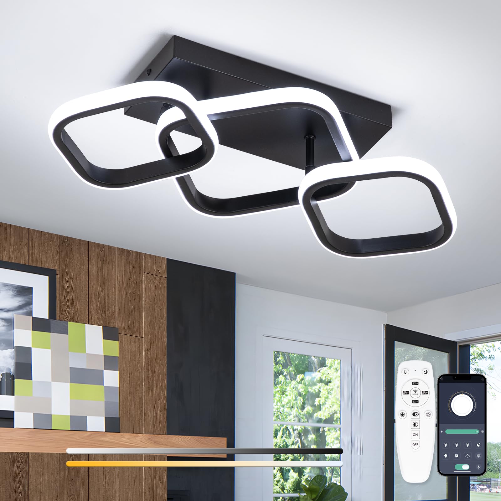 Vloitgol Dimmable Ceiling Light LED, 52cm Black LED Modern Ceiling Lights Fixtures with Remote Control, 3-Square Black Ceiling Lamp for Dining Room Bedroom Office Kitchen Living Room Hallway- 30W