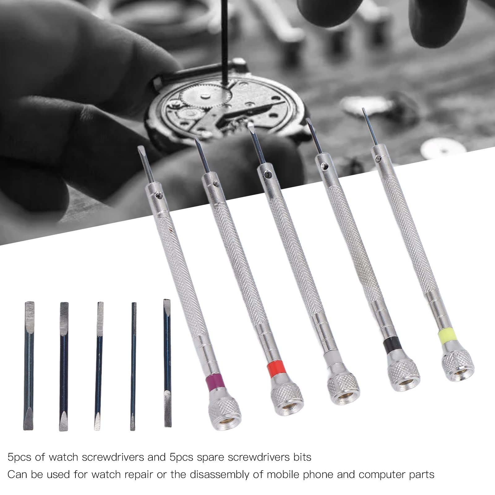 Jeu de 5 Tournevis de précision pour Montres, en Acier, de différentes Tailles, pour la réparation de Montres Professionnelles.