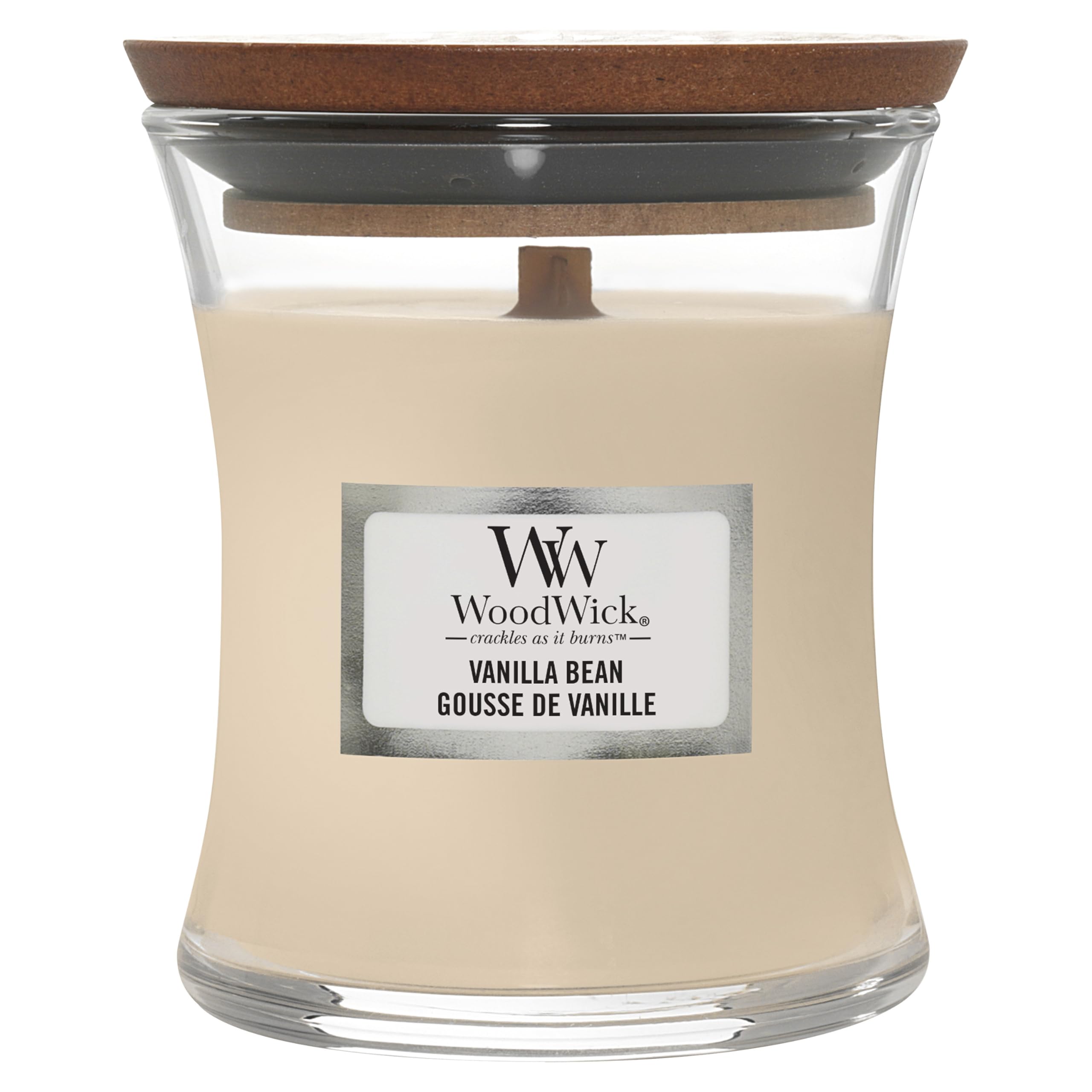 WoodWick Candela profumata con stoppino scoppiettante | Candela a clessidra piccola Baccello di vaniglia | Fino a 20 ore di combustione | Regali perfetti per le donne