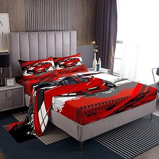 Erosebridal Race Car Sheet Set Twin Size Red Racing Car Bed Sheets for Kids Boys Youth,Hippie Sports Car Bedding Set All Season Dirt Car Track Fitted Sheet + Flat Sheet + 1 Pillow Sham Bedroom Decor