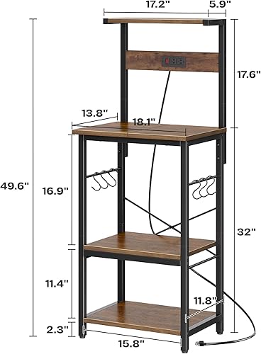 Miniatura 88 de SUPERJARE - Estante de cocina con toma de corriente de 4 niveles, soporte de microondas de cocina con 6 ganchos en forma de S, estante de Marrón