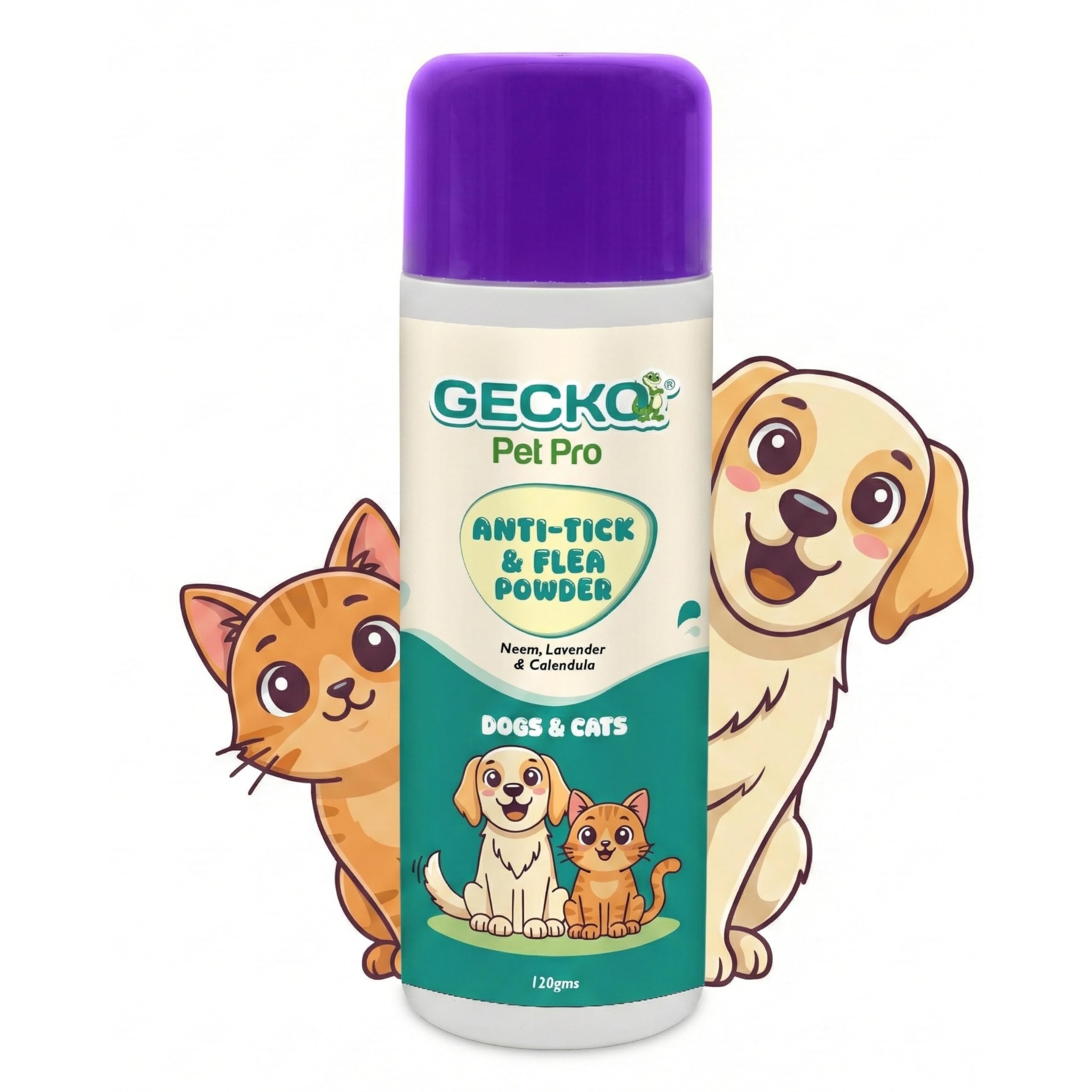 Gecko Pet Pro Anti-Tick & Flea Powder for Dogs & Cats | Neem, Lavender & Calendula | Helps Control Ticks & Fleas | Daily Coat Care | Safe for Daily Use | 120g | (Pack of 1)