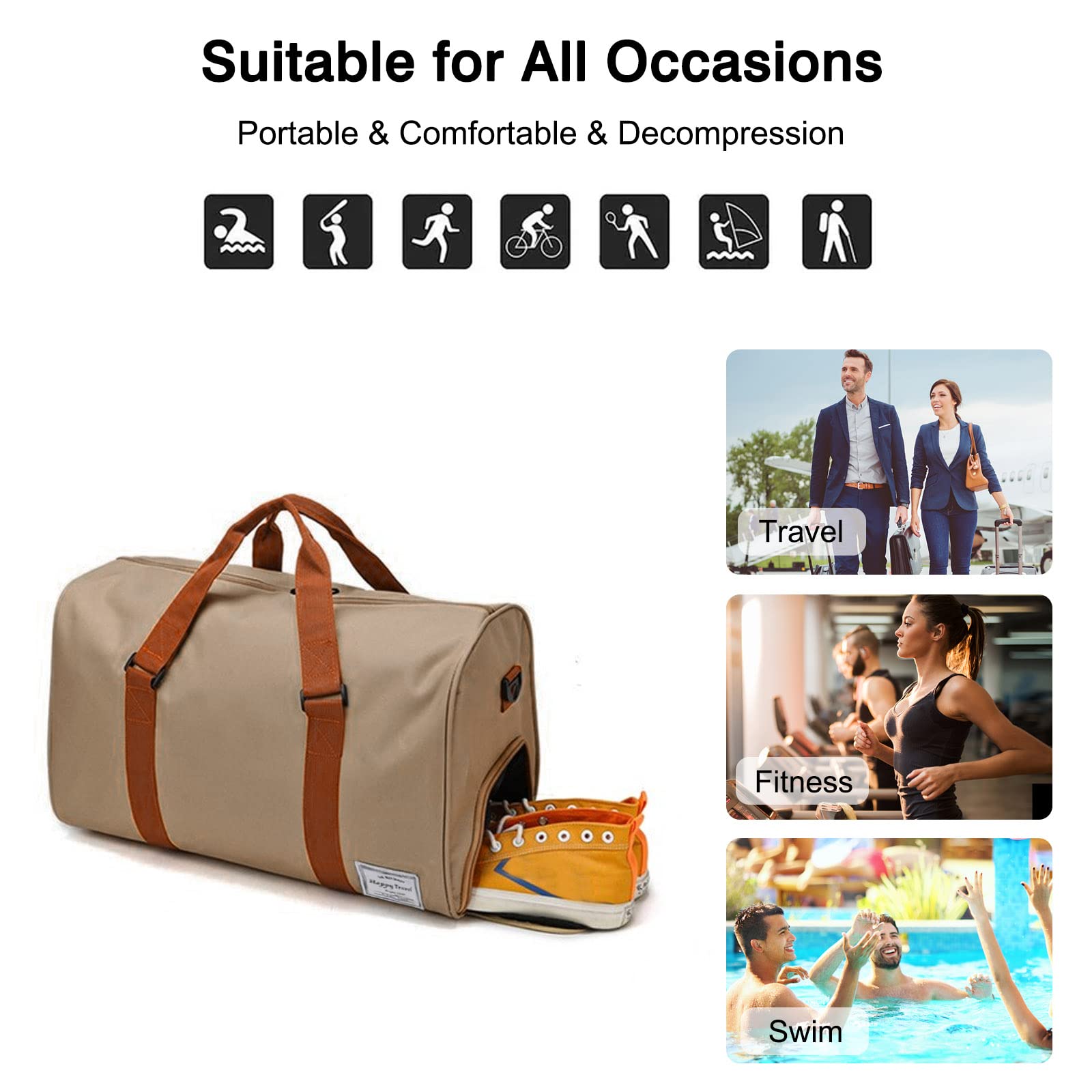 FANDARE Borsone da Viaggio Borsone Palestra Sportiva Borsa Palestra Borsa Sportiva Weekender Donna Uomo Piscina Palestra Borsa a Spalla Grande Capacità Borsa a Tracolla con Scomparto Scarpe Cachi