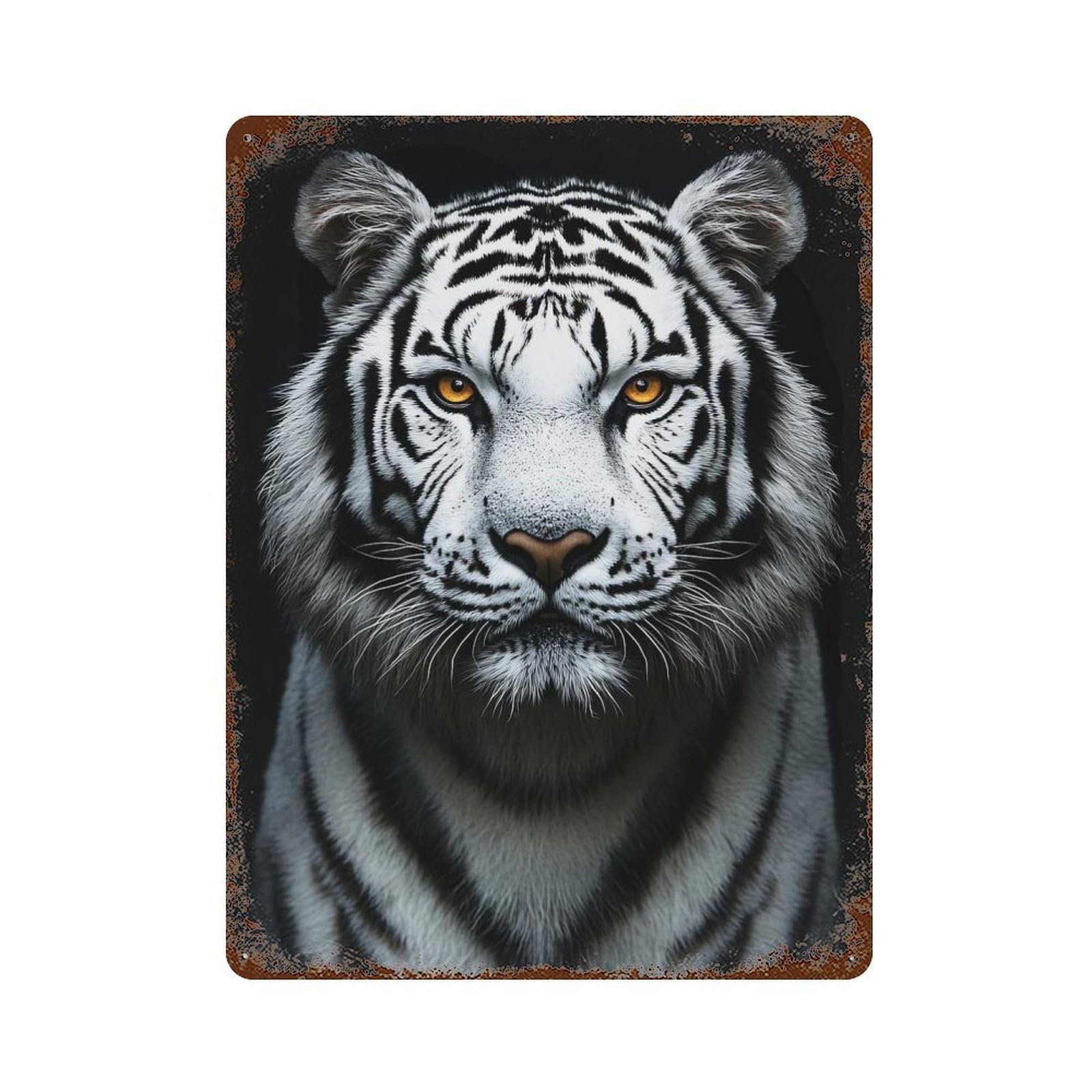 Majestic White Tiger Portrait on Black Distressed Metal Wall Sign 15.7"x11.8", Rustic Home Decor for Living Room, Hallway And Home Decor
