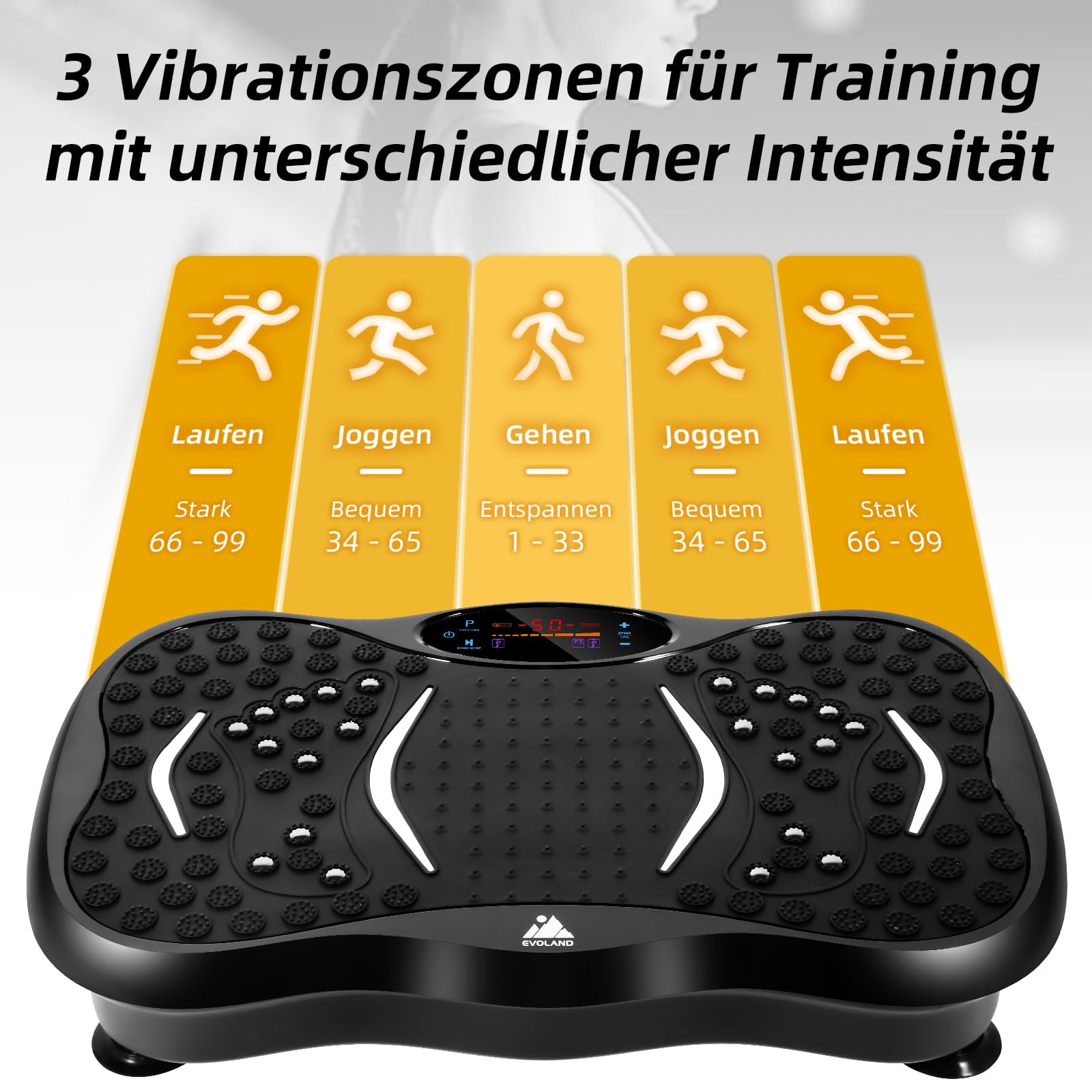 EVOLAND Vibrationsplatte Vibrationsgeräte mit 5 Trainingsprogramme bis 99 Intensitätsstufen, Bluetooth Lautsprecher, Widerstandsbänder mit Griff für Ganzkörpertraining und Körperformung