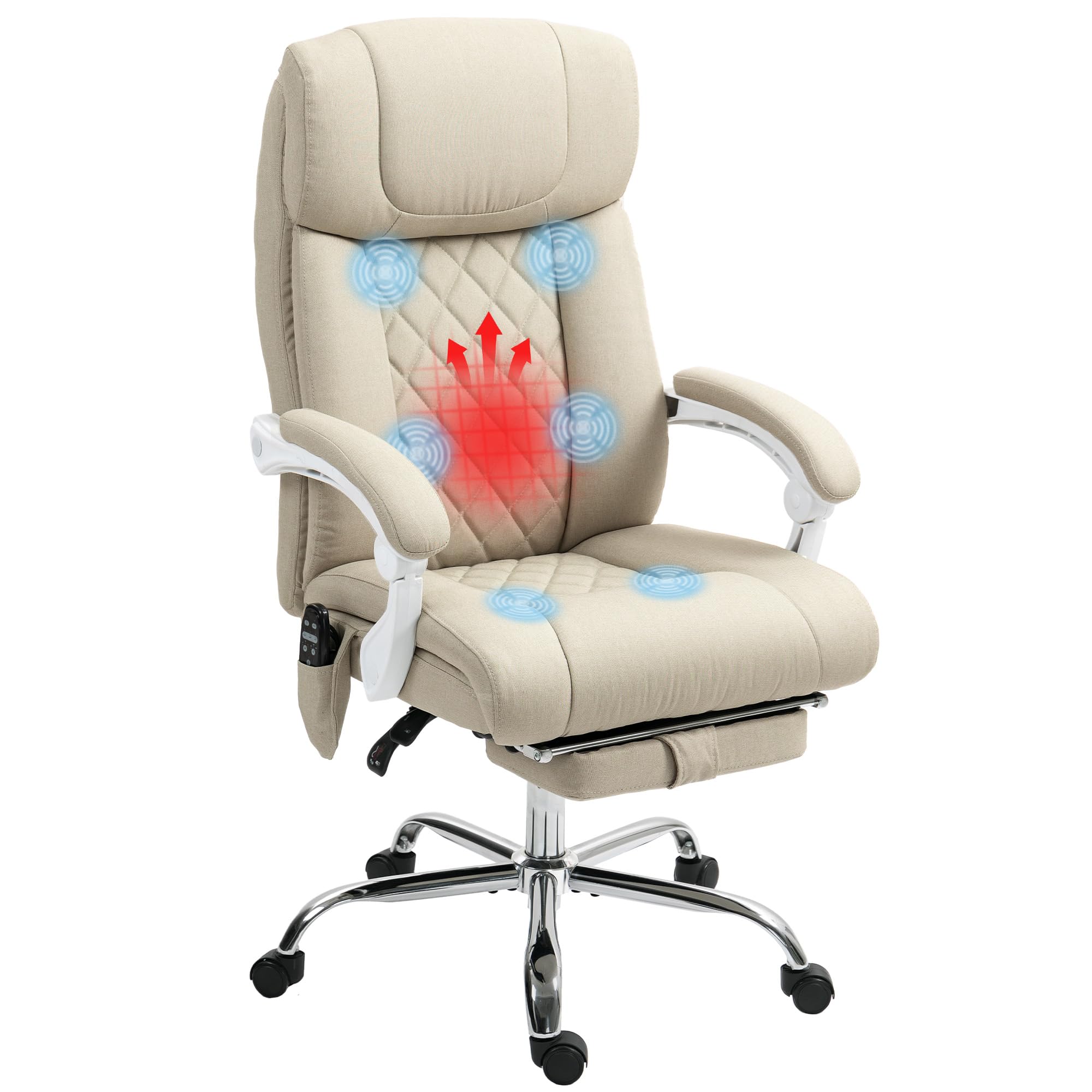 HOMCOM Silla de Oficina con Masaje de 6 Puntos Reclinable Silla de Escritorio Giratoria con Función de Calefacción Altura Ajustable Reposapiés Respaldo Alto y Mando a Distancia para Estudio Beige