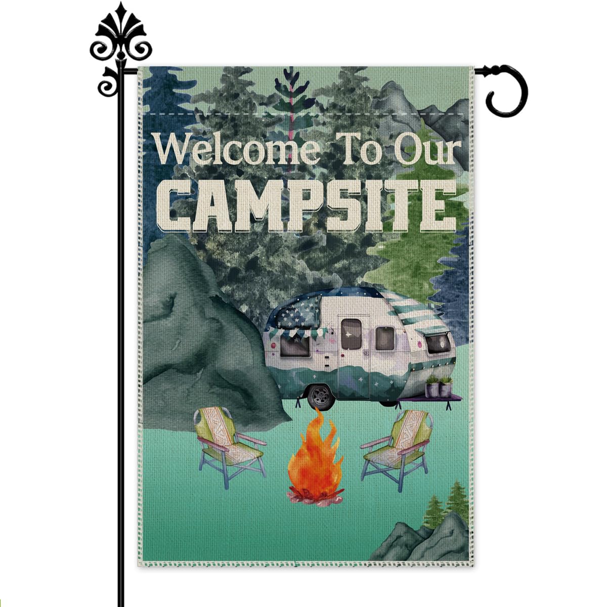 Hafhue Welcome to Our Campsite Cute Garden Flag, 12 x 18 Inch Double Sided Holiday Yard Outdoor Farmhouse Lawn Decor Flag, RV Bonfire Campground Camping Party Decoration, Camper Flags for Campsite