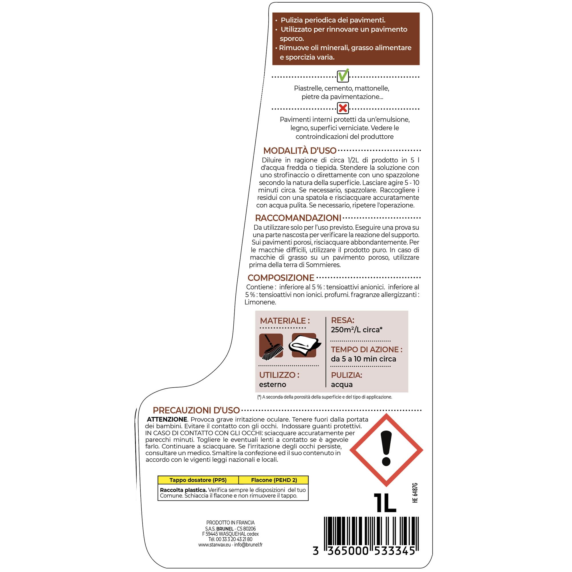 STARWAX - Detergente sgrassante pavimenti esterni - Elimina senza sforzo grasso e sporco - Multisuperfici - Formula concentrata da diluire - 1L - Fino a 250m²