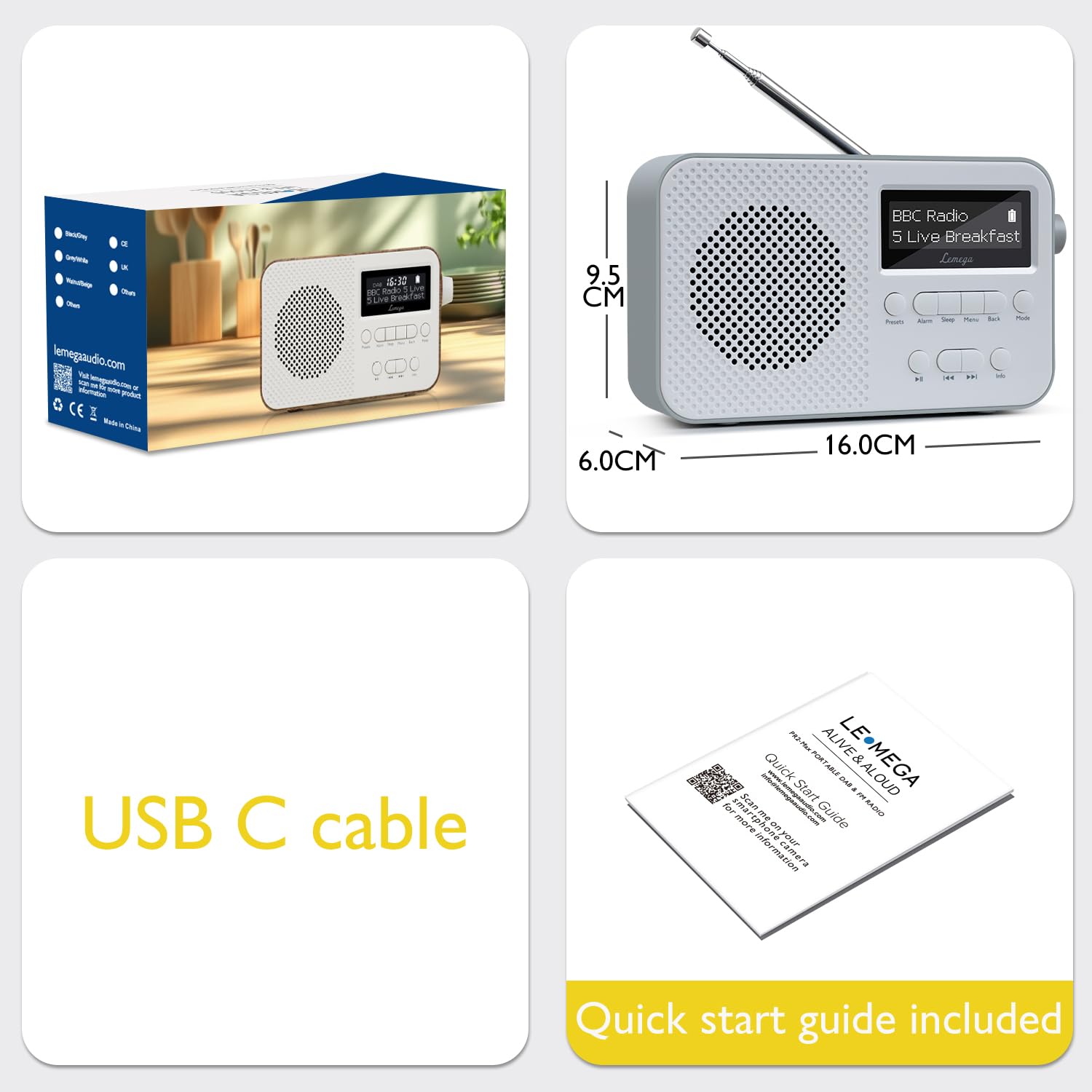 Radio DAB con Bluetooth,Radio Digitali Alimentazione a Corrente e Batteria,Batteria Ricaricabile 15 ore di Riproduzione,Doppia Sveglia,FM,40 Stazioni Preimpostate,Bluetooth 5.3,LEMEGA PR2-Max Grigio