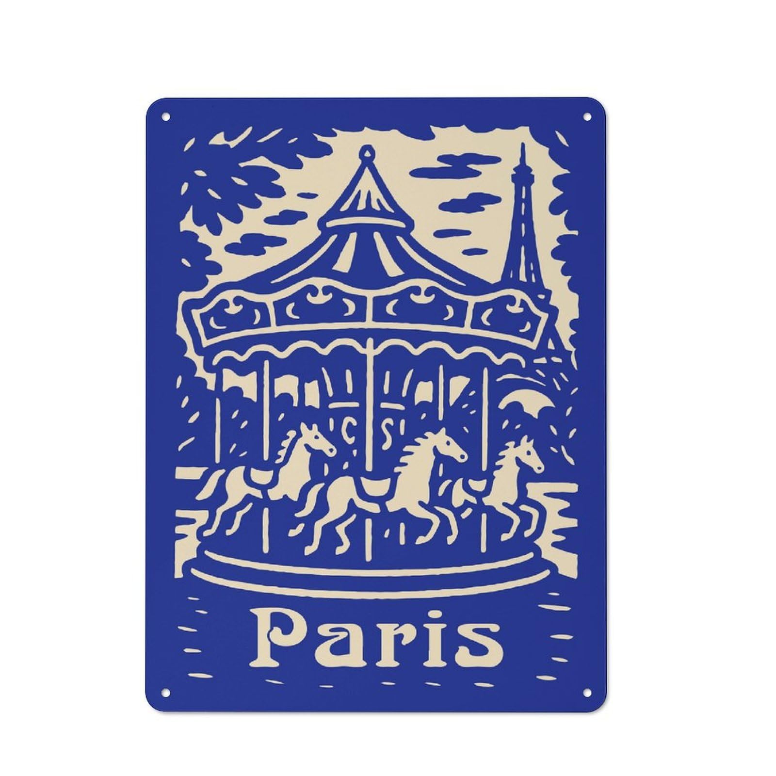 Vintage Metal Sign 40x30cm Featuring Paris Carousel Illustration, Home Bar Decor for Cafe, Pub, Workshop Or Home Bar