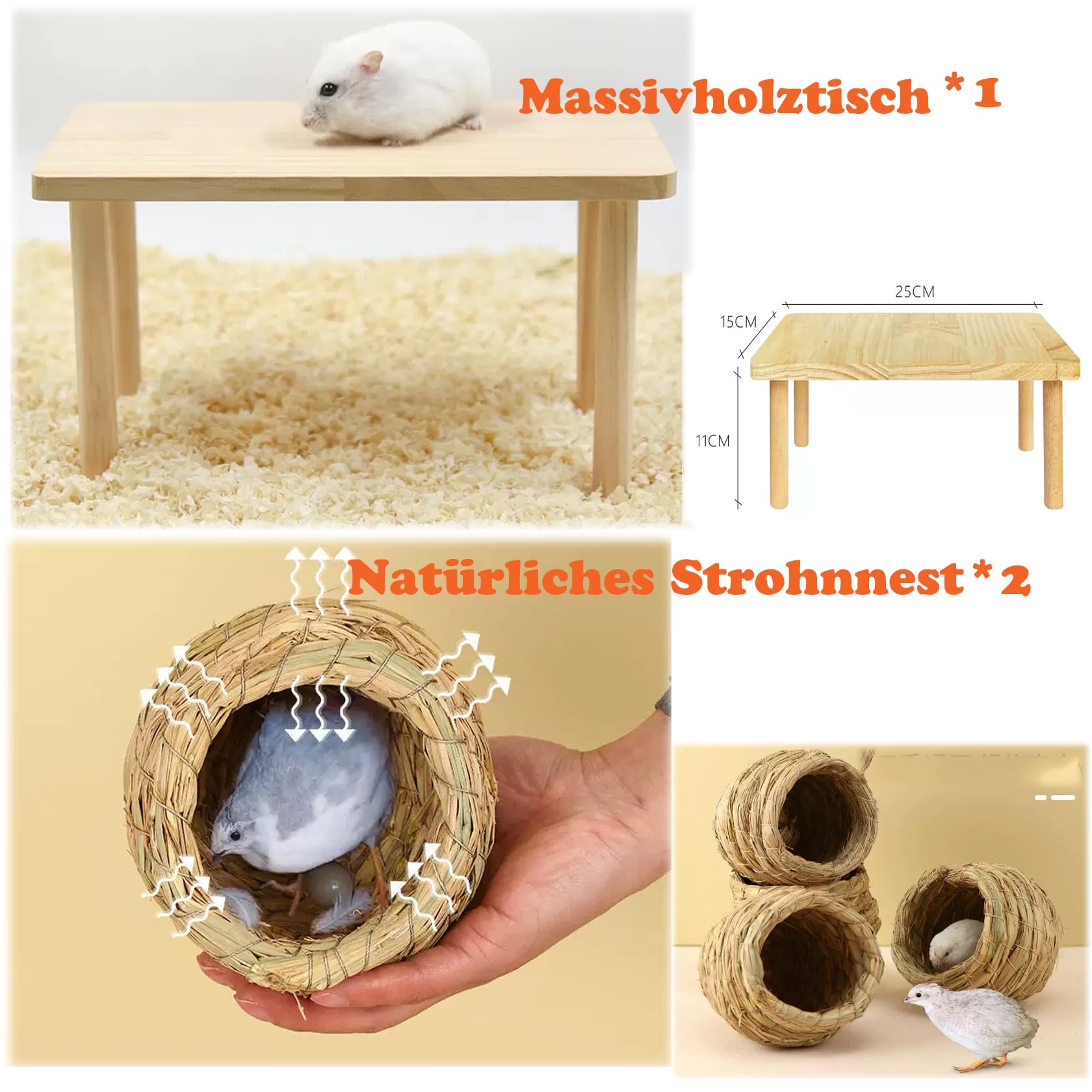 Moderna gabbia per criceti di pino, per casa, giochi e paesaggi nella cassetta dei bambini. Contiene sei pezzi, casa, tavolo, recinzione, nido di uccelli, ponte in legno, segatura, 8 pezzi (set