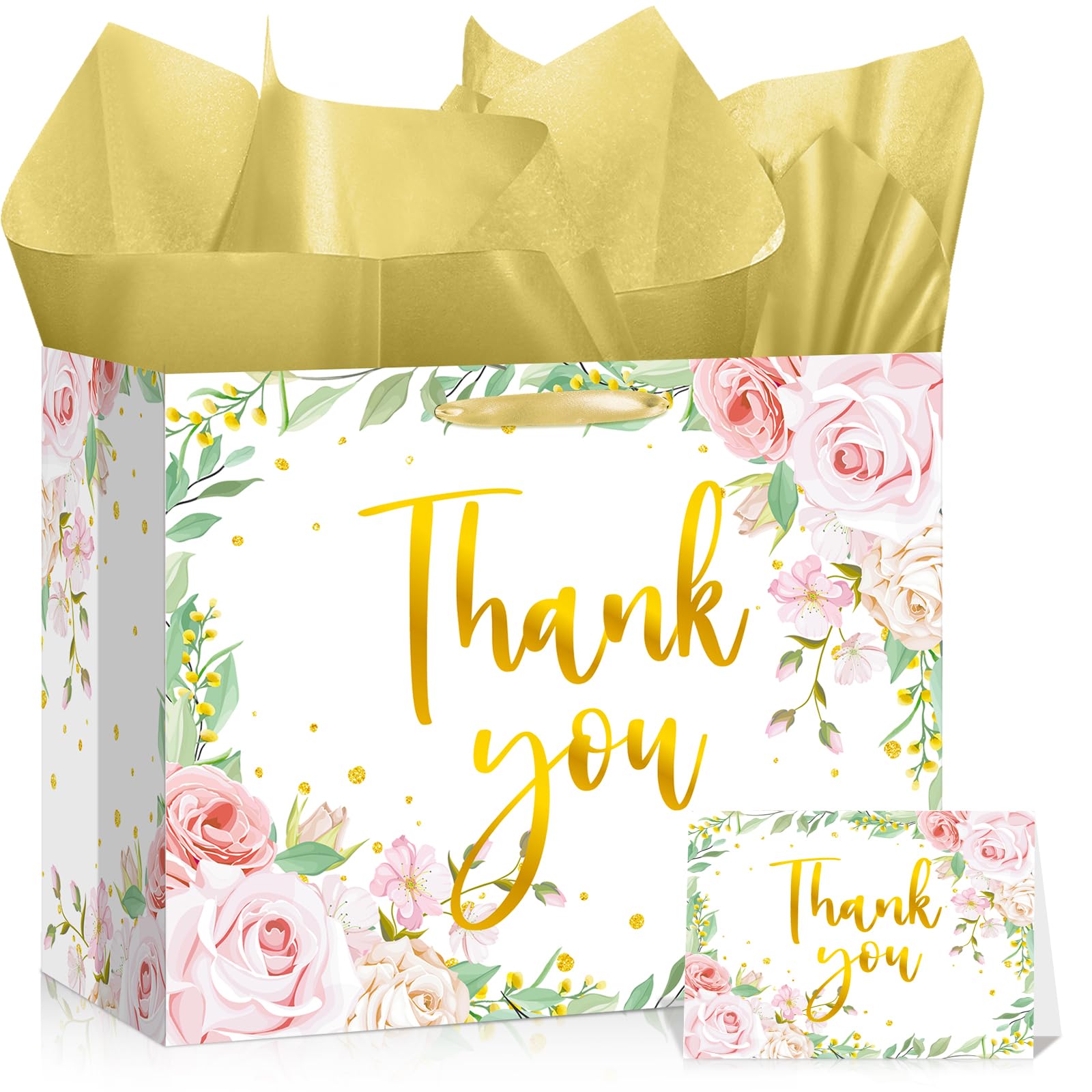 We Appreciate You Gift Bag Floral Thank You Gift Bag with Tissue Paper Greeting Card Appreciation Gifts Wrapping Paper with Handle for Business