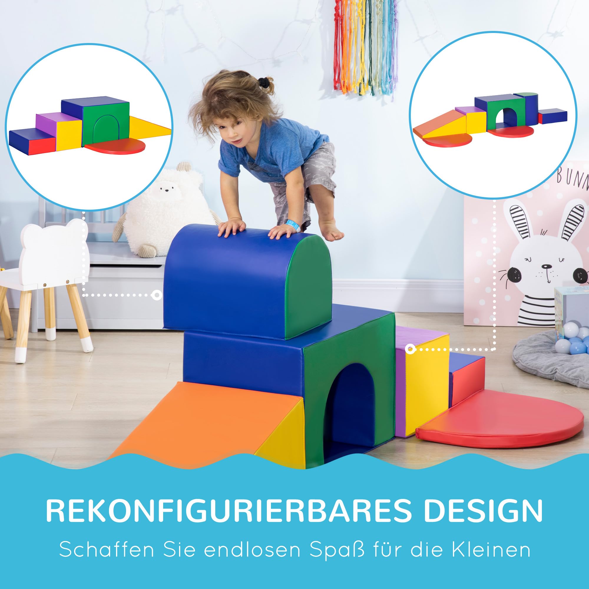 HOMCOM 7 TLG. Schaumstoff Bausteine Kinder Softbausteine Weiche Grossbausteine Schaumstoffblöcke für 1-3 Jahre alt Kinder Bausteinset Mehrfarbig