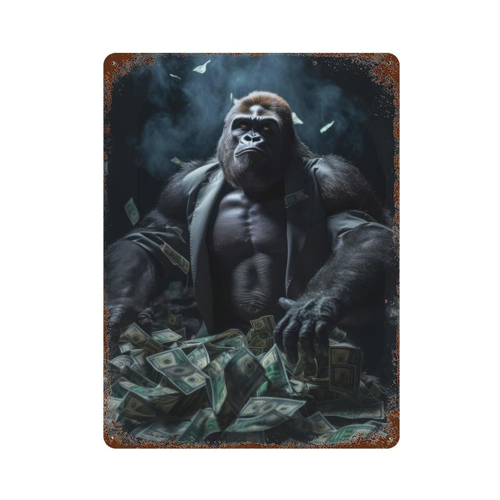 Gorilla Money Dollar Bills 15.7"x11.8" Vintage Rust Metal Sign, Shabby Chic Decor for Garage, Bar And Workshop Decor