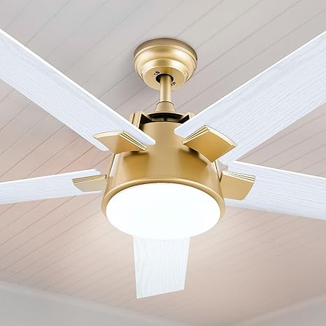 DWVO Ceiling Fan with Light and Wall Switch Remote, 52 Inch Modern Gold White Fan, Quiet Reversible Motor, Dimmable LED Color, Memory Function for Bedroom Living Room Patio Indoor Outdoor