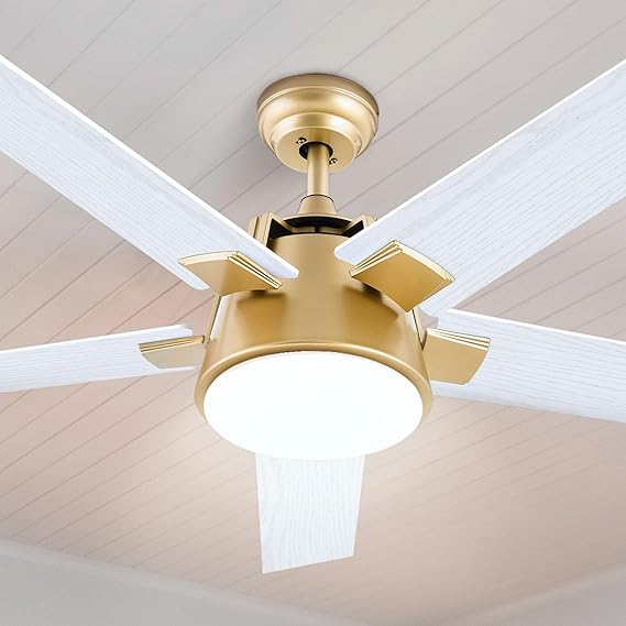 DWVO Ceiling Fan with Light and Wall Switch Remote, 52 Inch Modern Gold White Fan, Quiet Reversible Motor, Dimmable LED Color, Memory Function for Bedroom Living Room Patio Indoor Outdoor