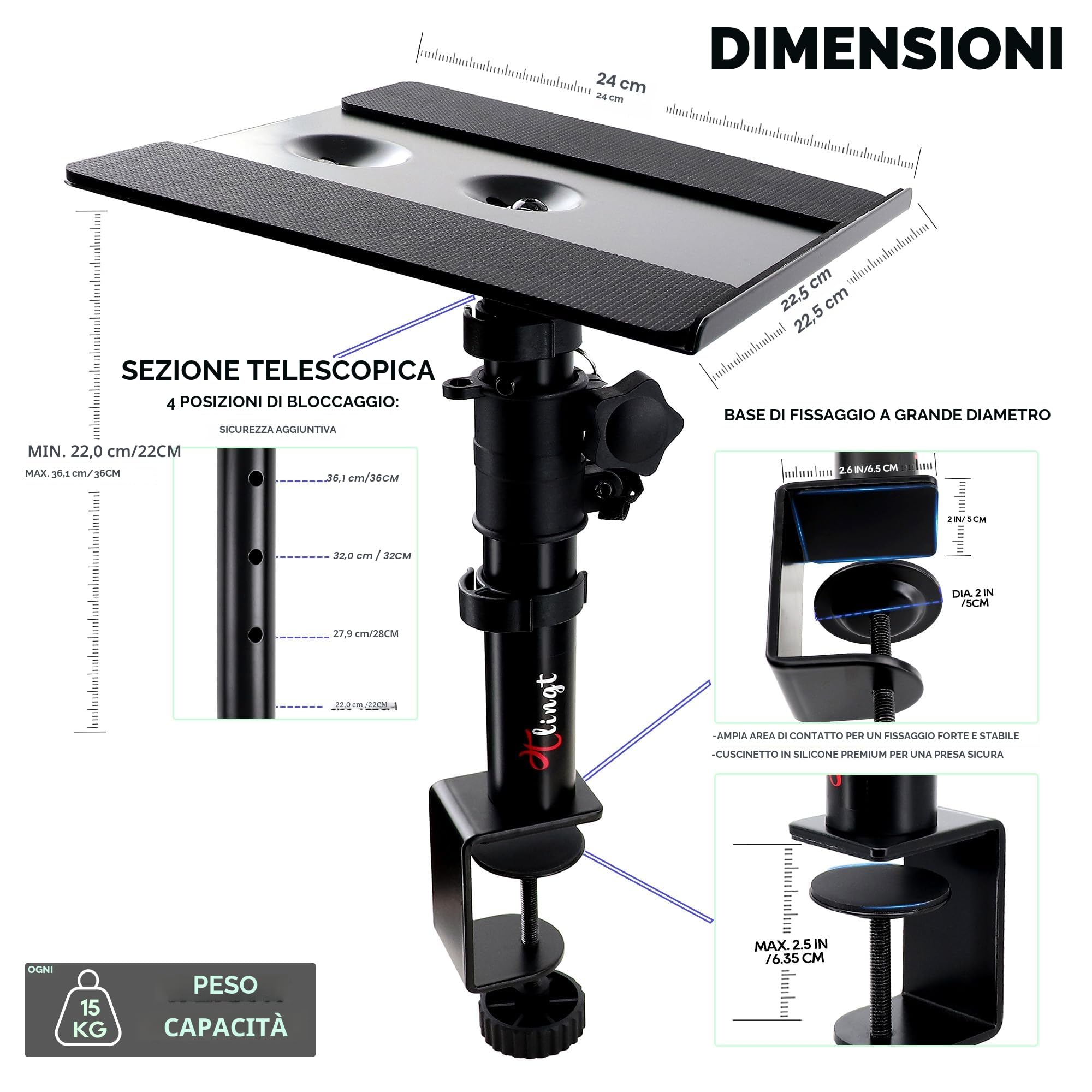 Coppia di supporti per monitor e altoparlante da studio, supporto per altoparlante da desktop, vassoio in metallo resistente da 24 x 22,5 cm con angolazione di inclinazione da +10° a